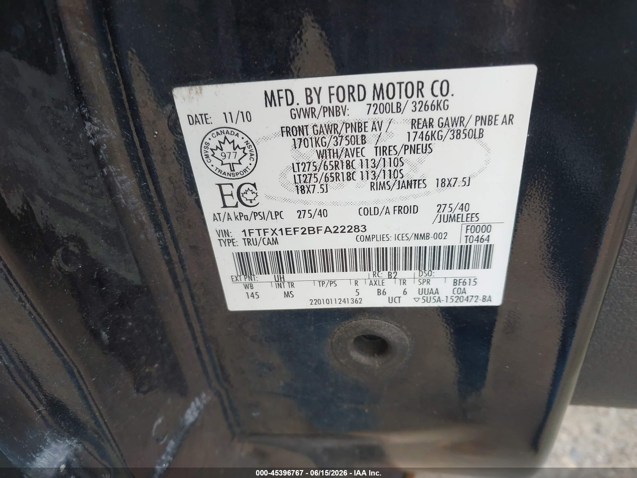 2011 Ford F-150 Xlt Black vin: 1FTFX1EF2BFA22283