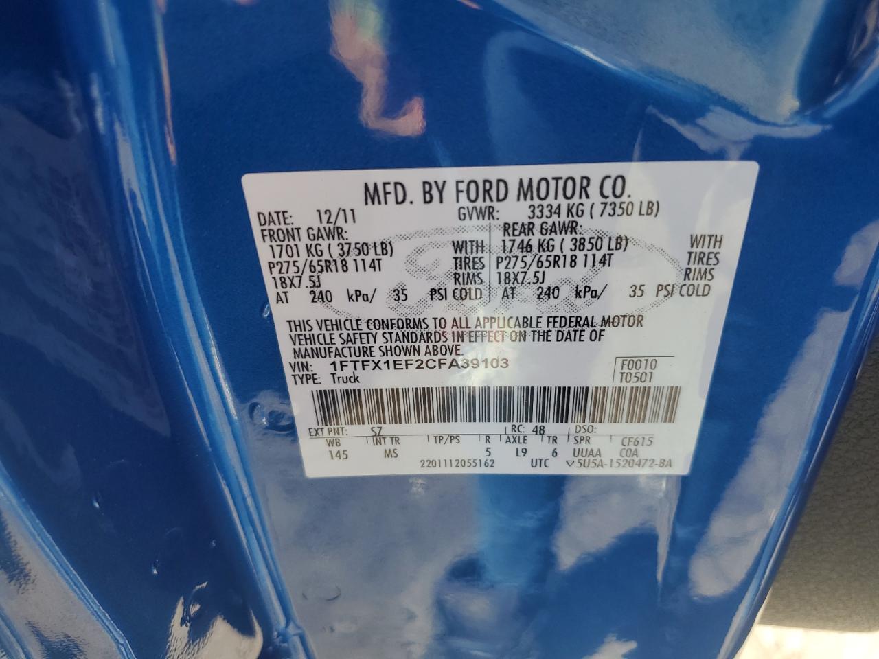 2012 Ford F150 Super Cab Blue vin: 1FTFX1EF2CFA39103