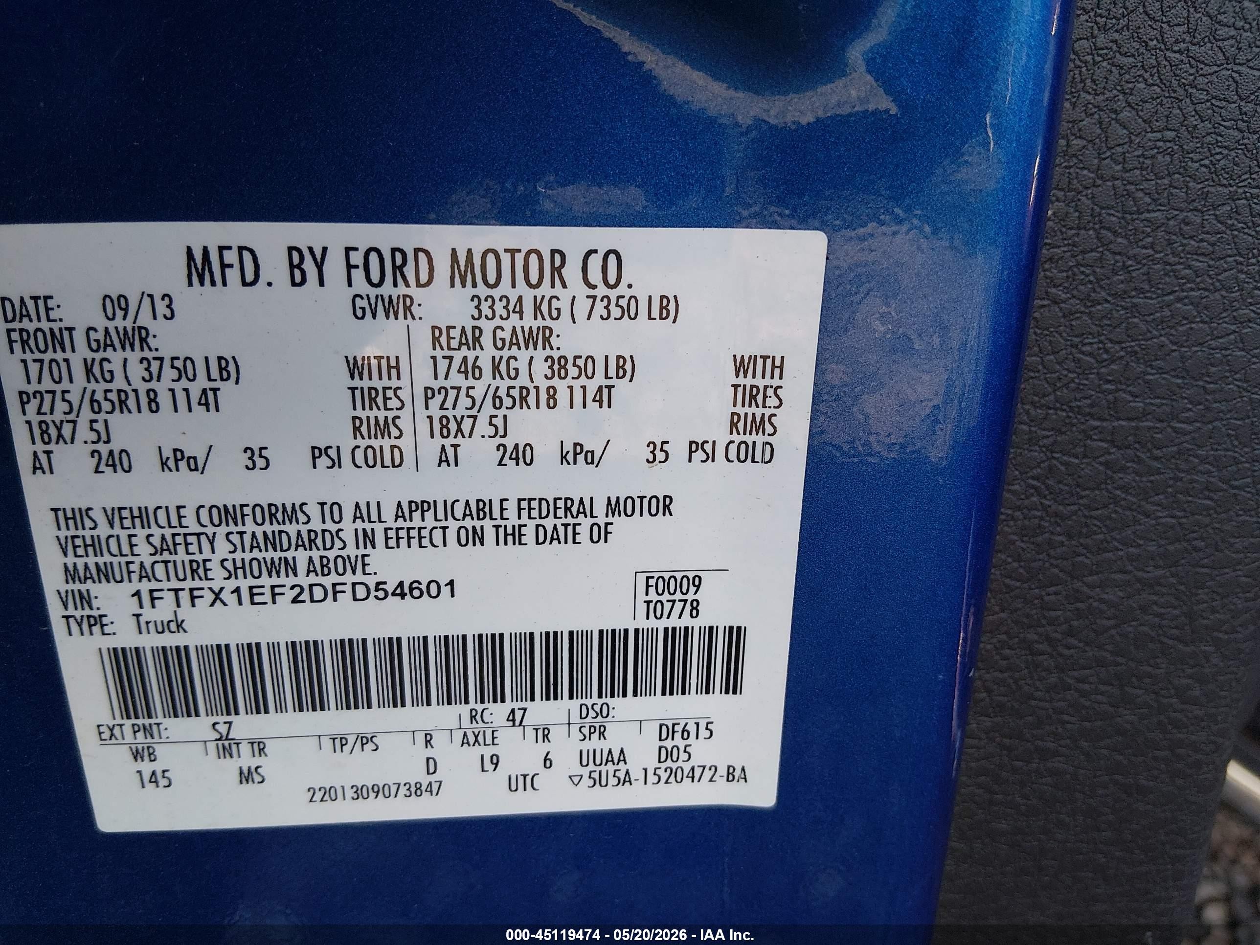 2013 Ford F-150 Xlt Blue vin: 1FTFX1EF2DFD54601