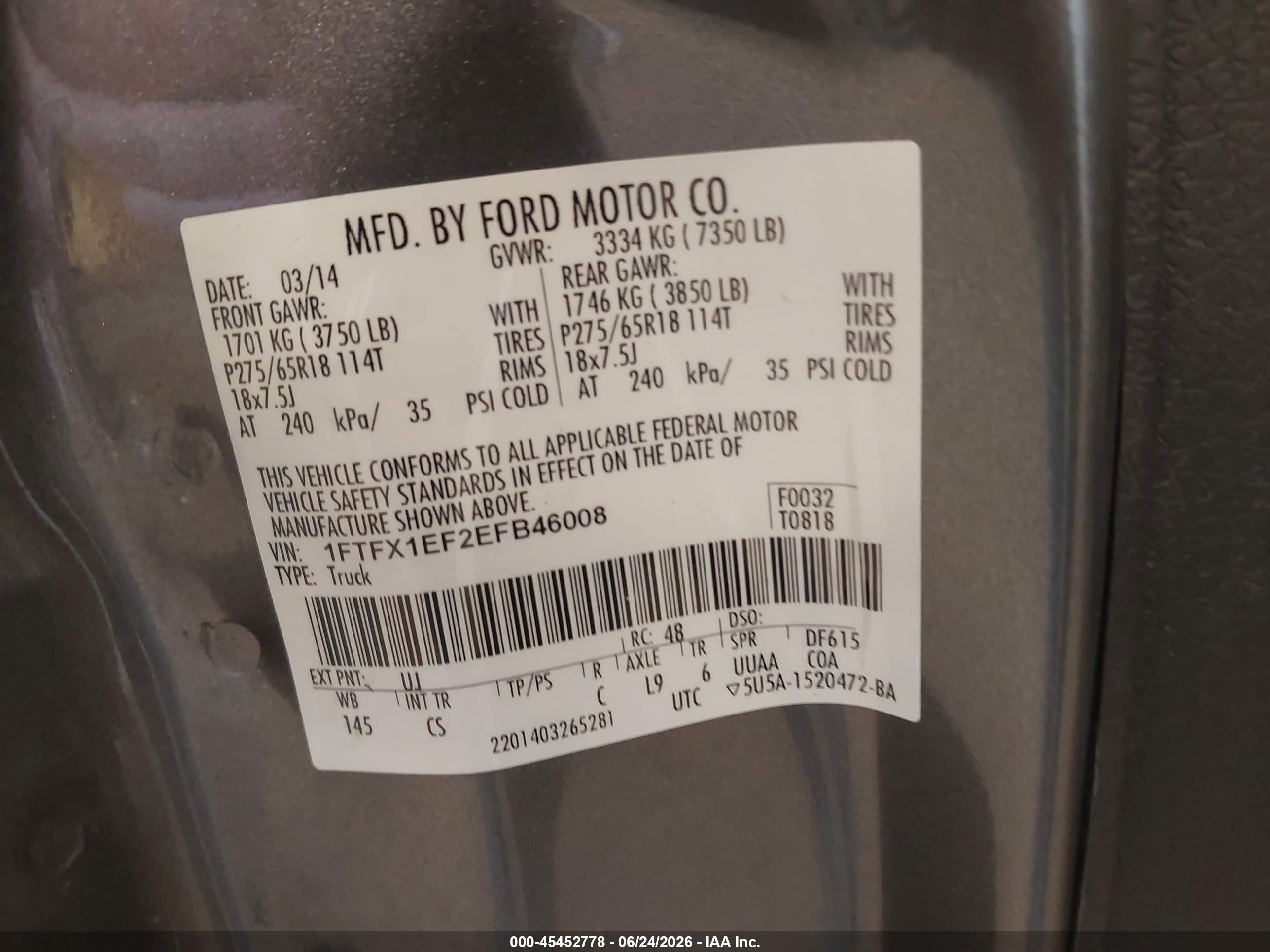 2014 Ford F-150   Gray vin: 1FTFX1EF2EFB46008