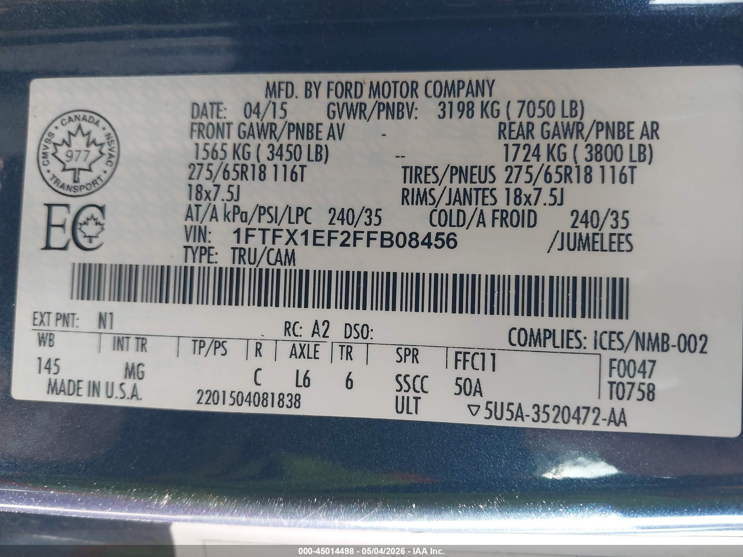 2015 Ford F-150 Xlt Blue vin: 1FTFX1EF2FFB08456
