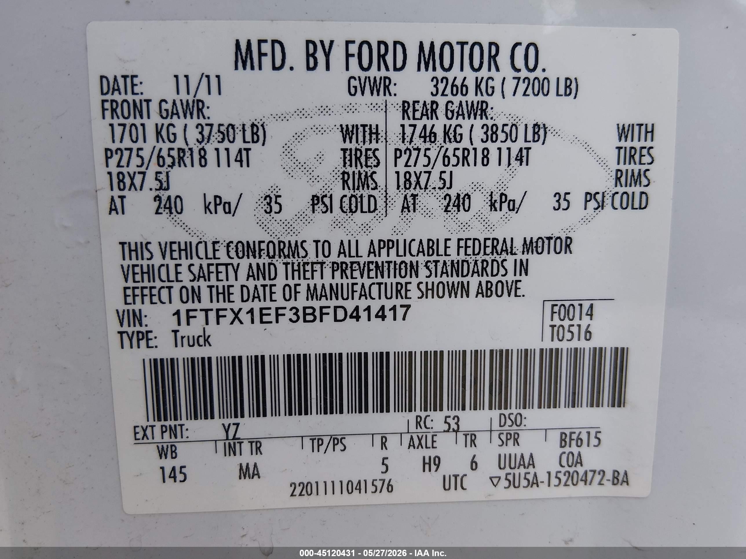 2011 Ford F-150 Xlt Белый vin: 1FTFX1EF3BFD41417