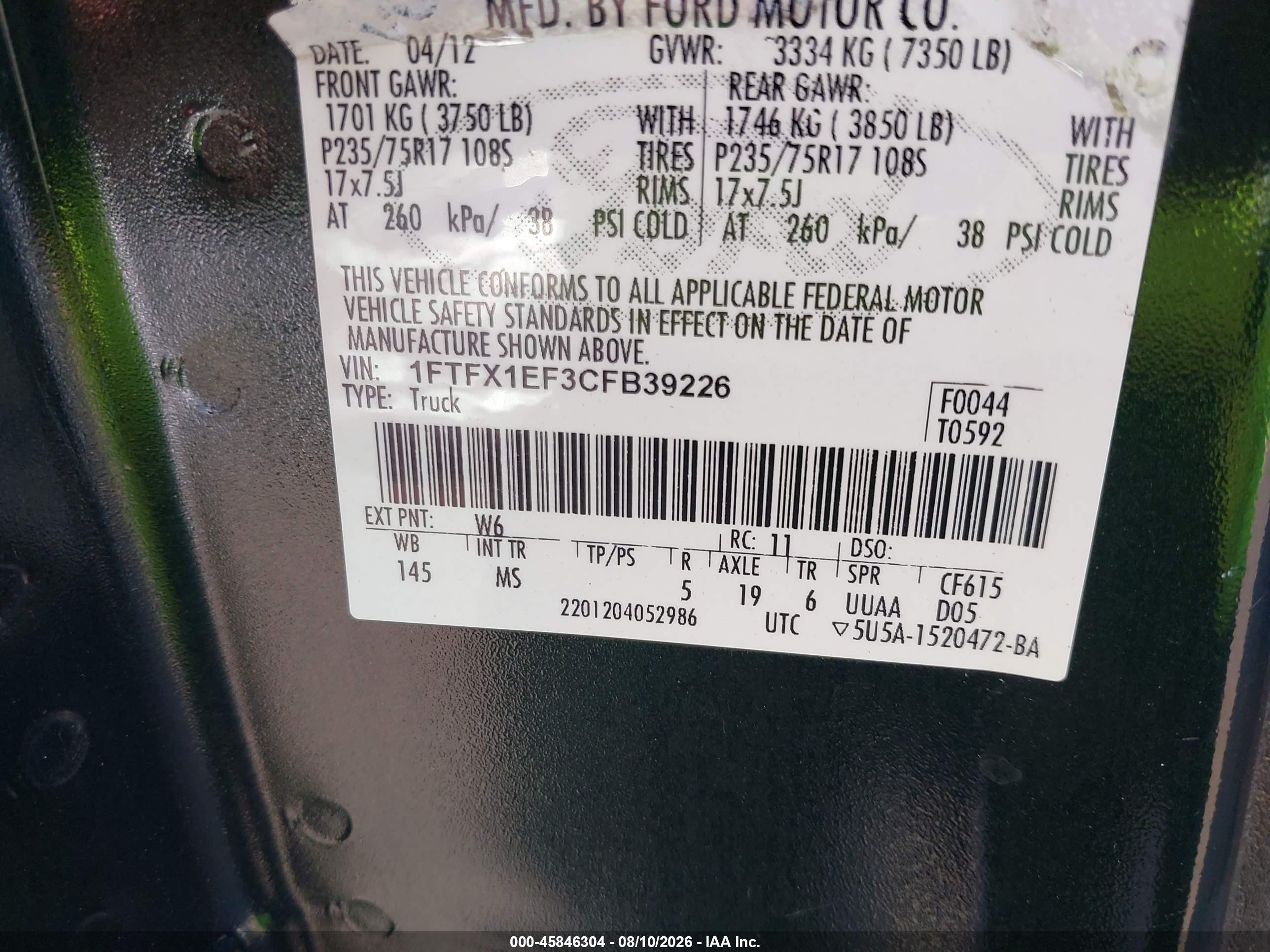 2012 Ford F-150 Xlt Черный vin: 1FTFX1EF3CFB39226
