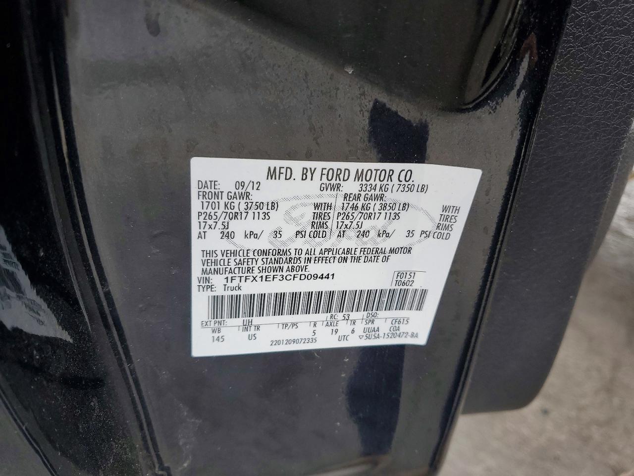 2012 Ford F150 Super Cab Black vin: 1FTFX1EF3CFD09441
