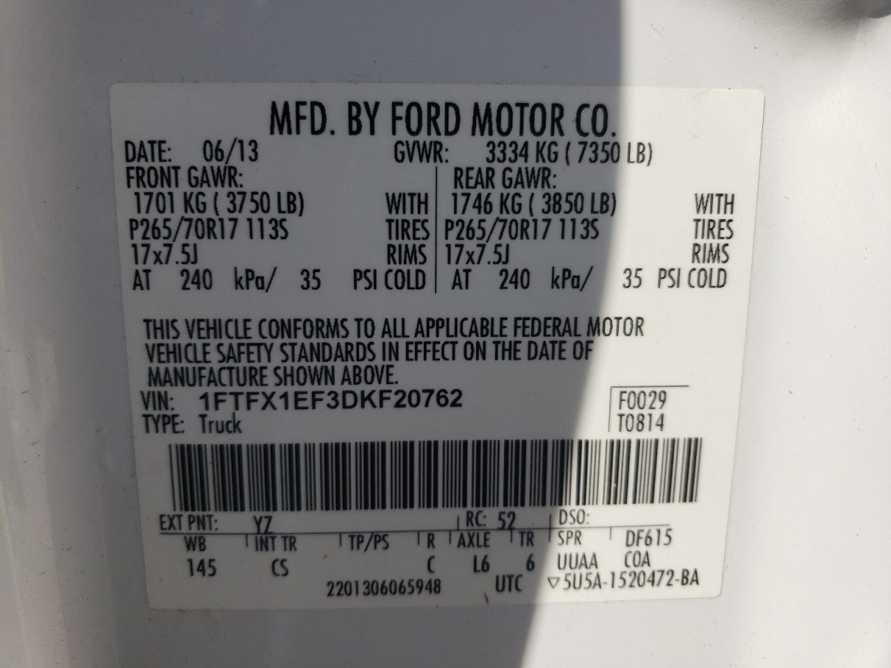 2013 Ford F150 Super Cab White vin: 1FTFX1EF3DKF20762