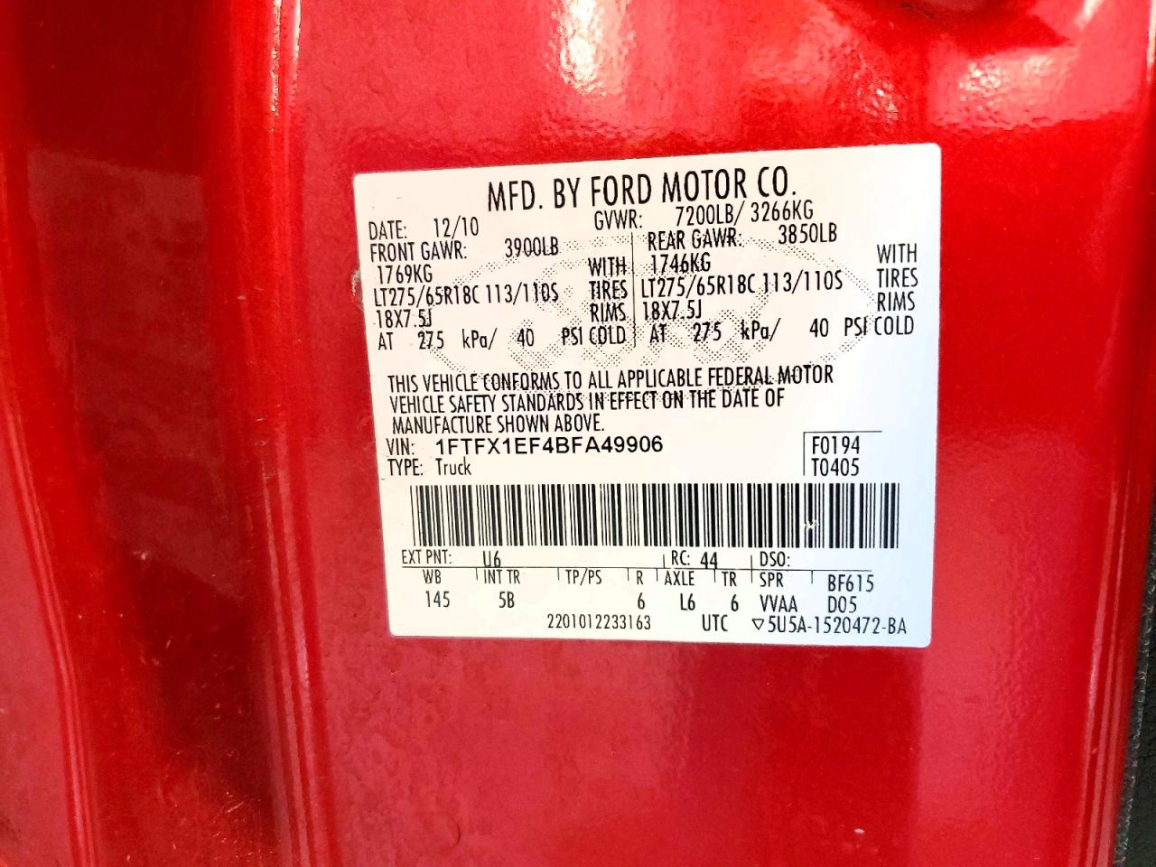 2011 Ford F150 Super Cab Red vin: 1FTFX1EF4BFA49906