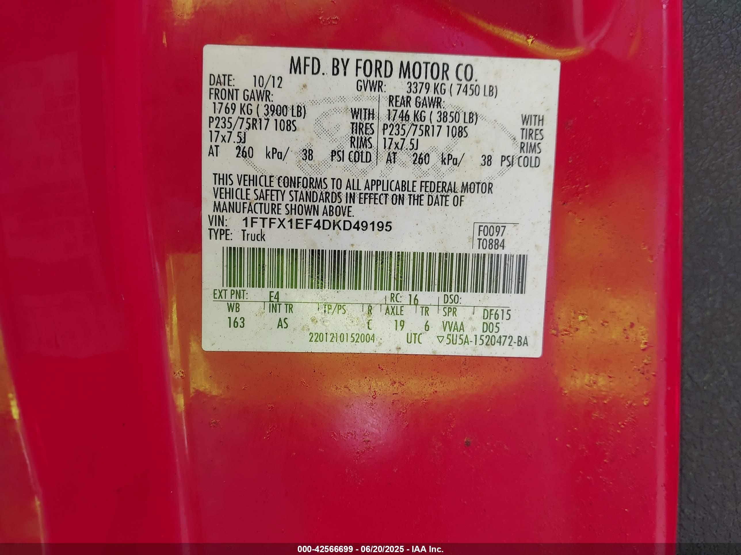 2013 Ford F-150 Xl Red vin: 1FTFX1EF4DKD49195