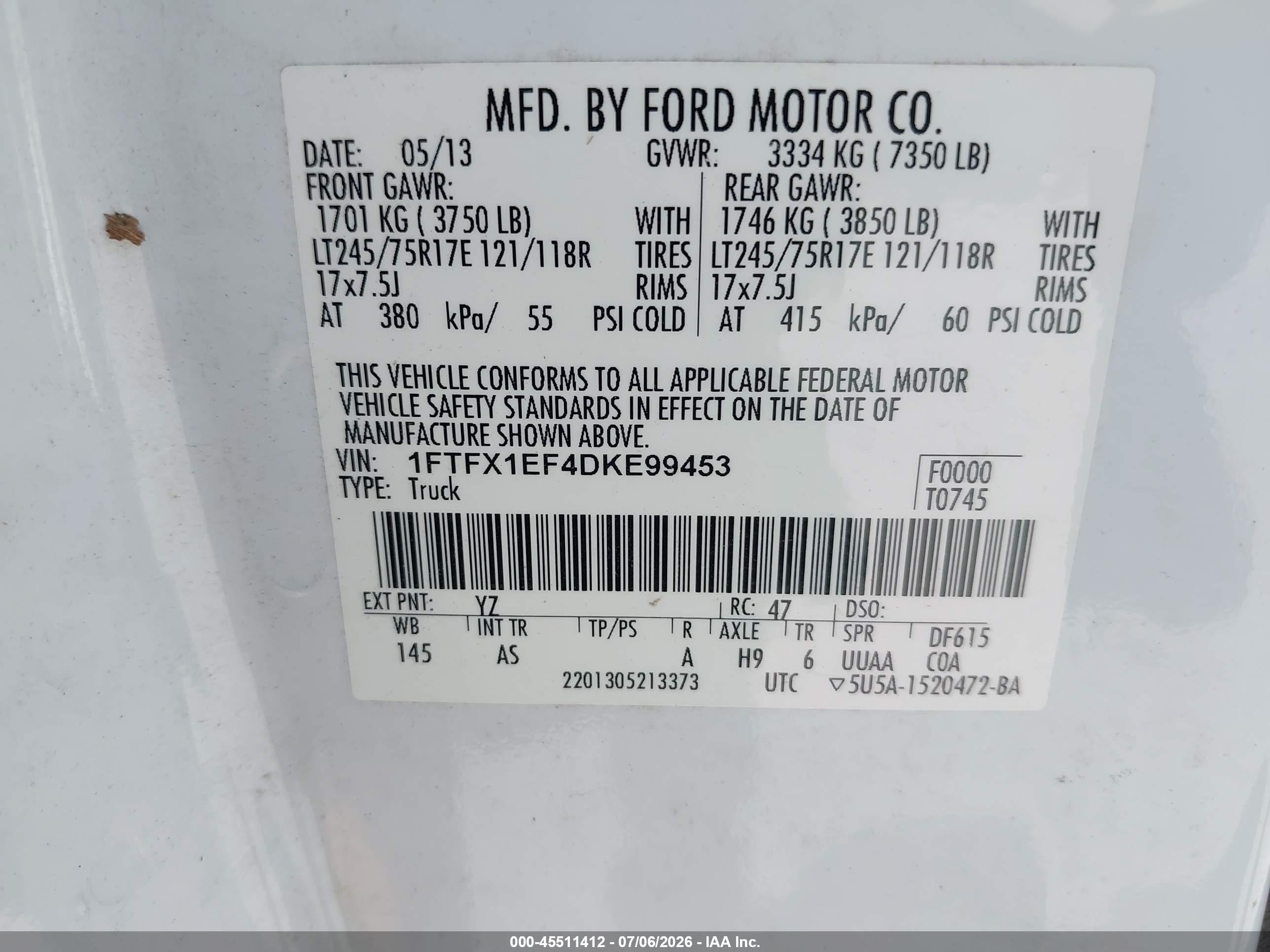 2013 Ford F-150 Fx4/lariat/stx/xl/xlt White vin: 1FTFX1EF4DKE99453