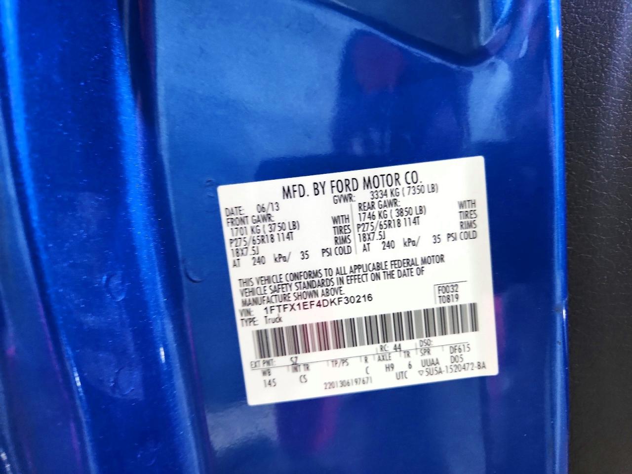 2013 Ford F150 Super Cab Blue vin: 1FTFX1EF4DKF30216
