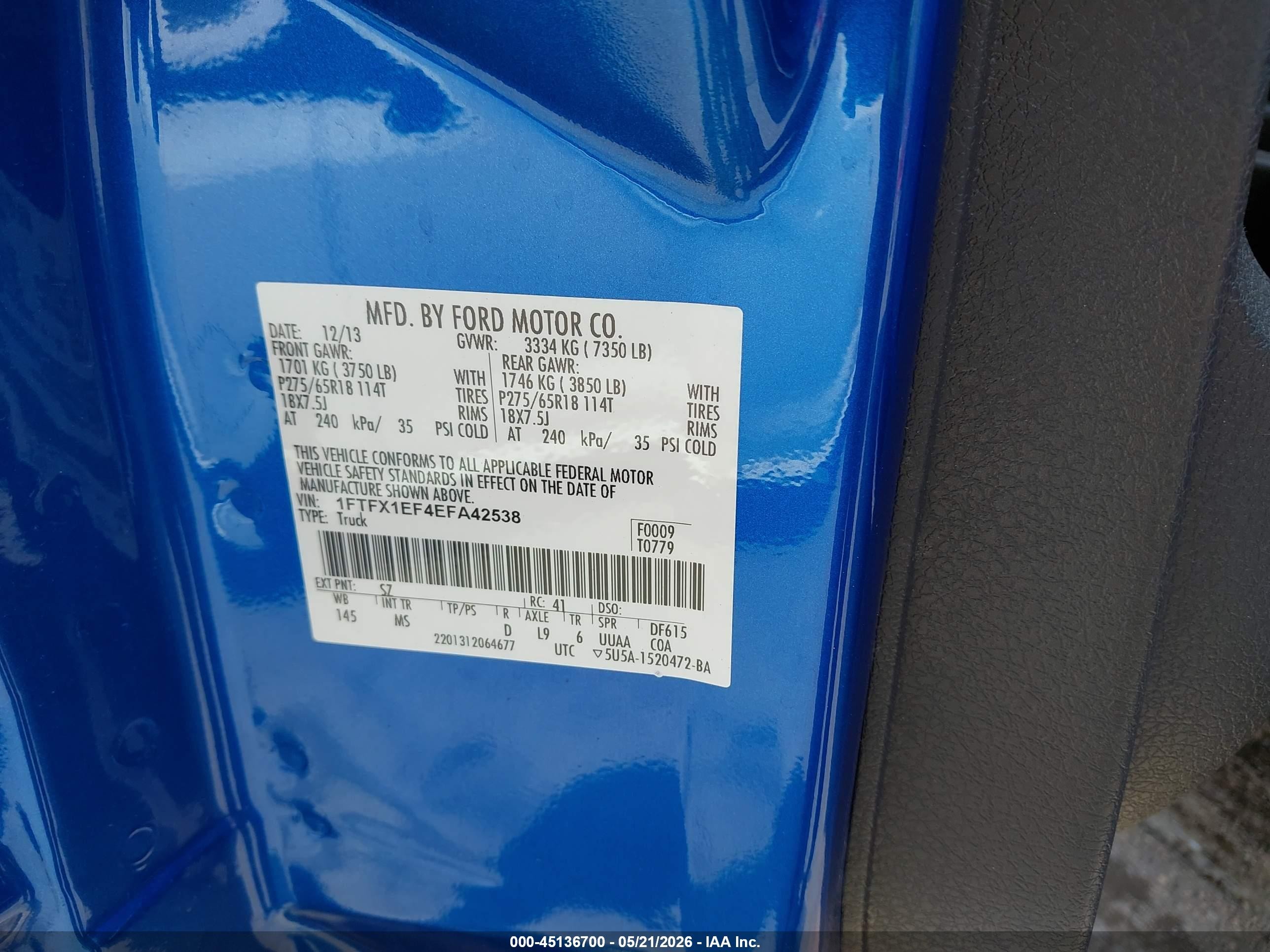 2014 Ford F-150 Xlt Blue vin: 1FTFX1EF4EFA42538