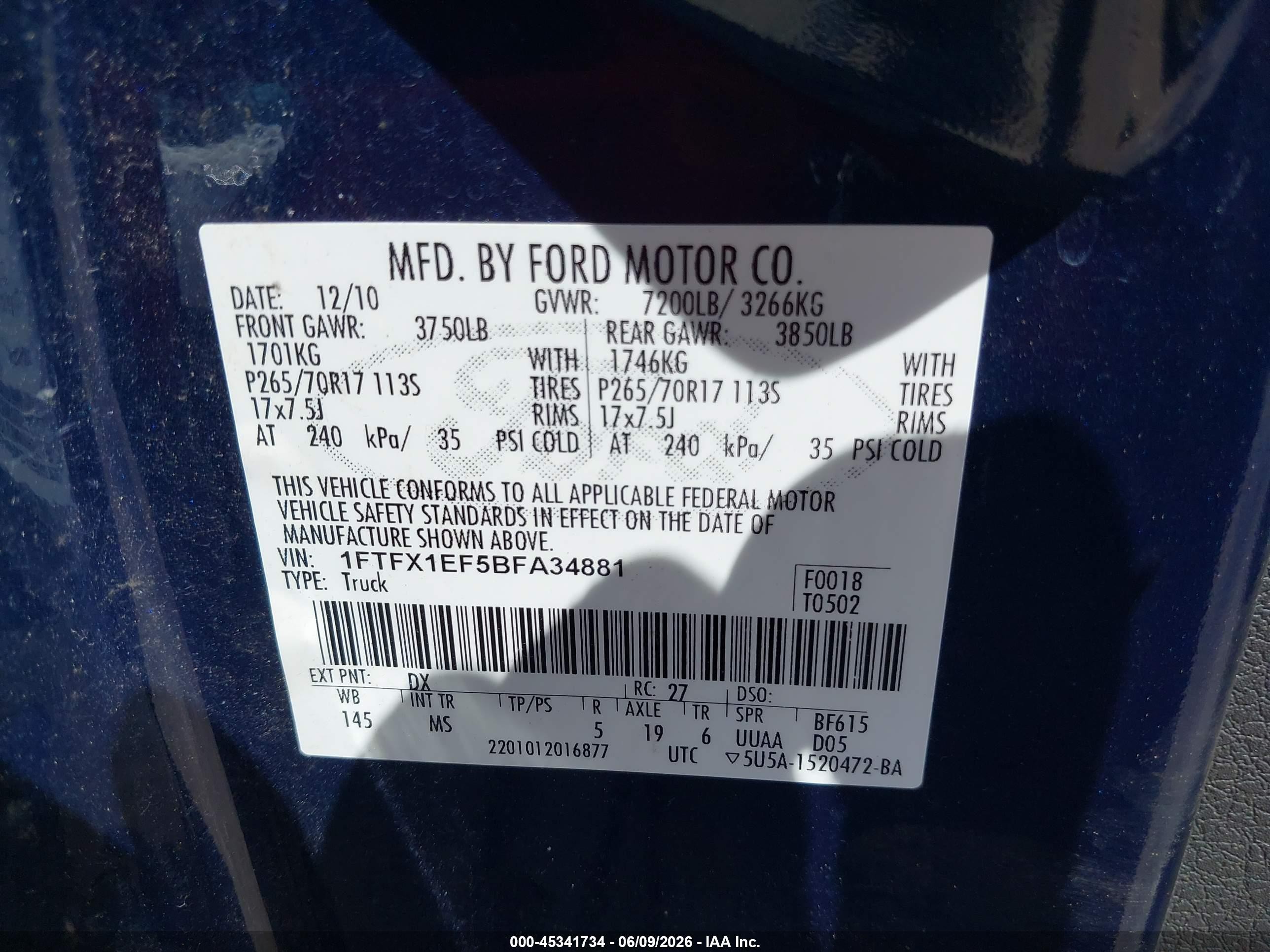 2011 Ford F-150 Xlt Dark Blue vin: 1FTFX1EF5BFA34881