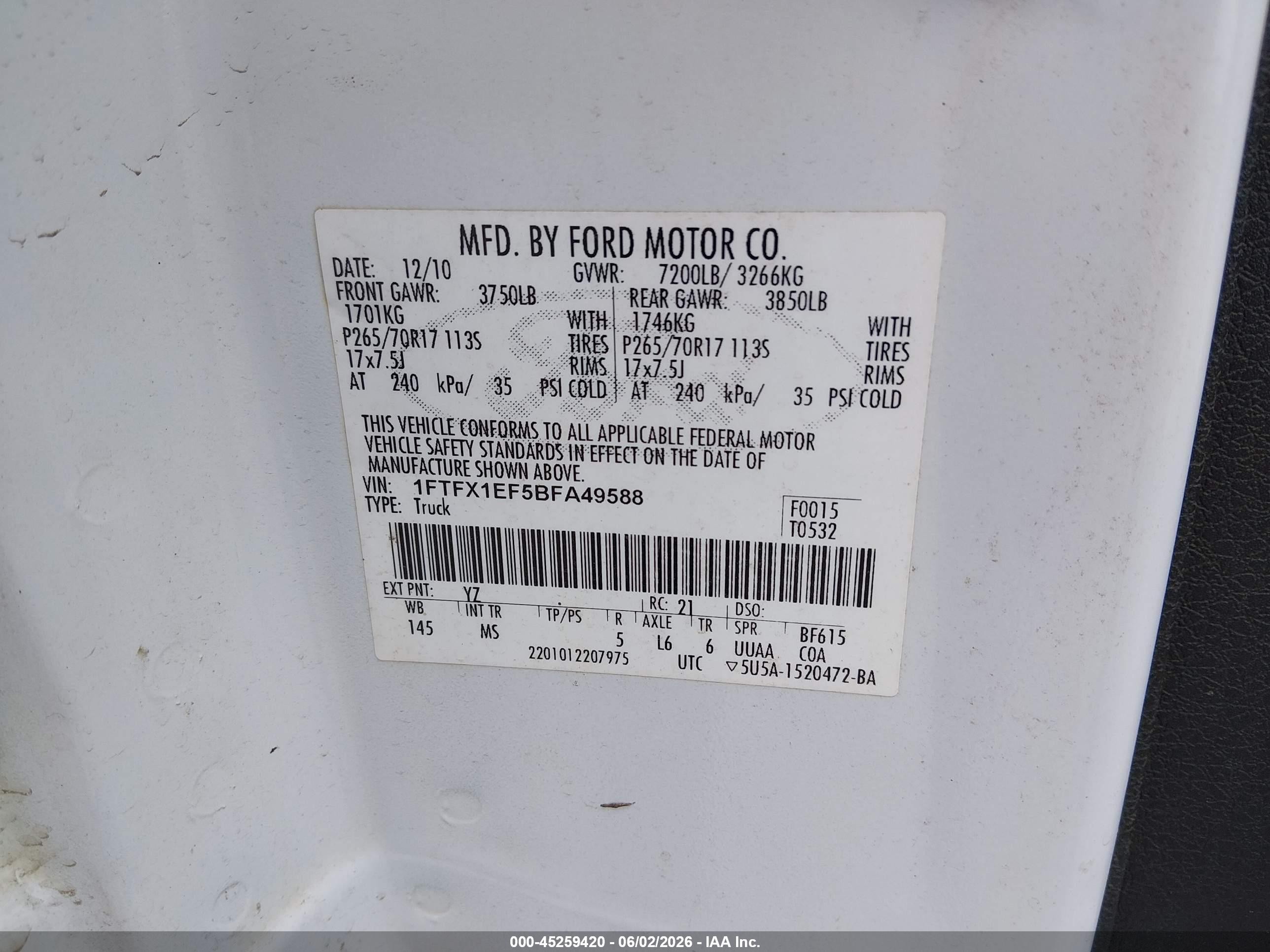 2011 Ford F-150 Xlt White vin: 1FTFX1EF5BFA49588