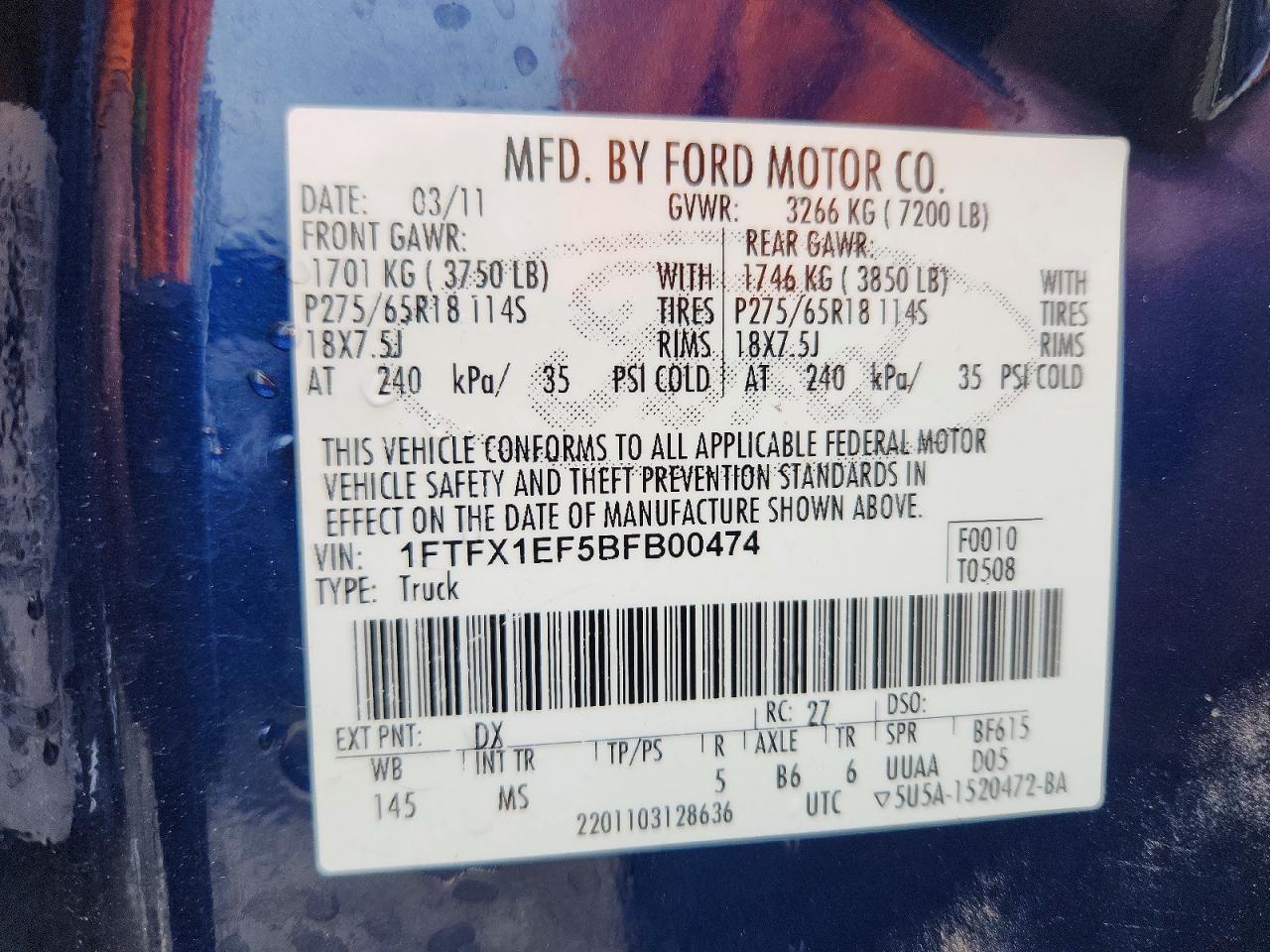 2011 Ford F150 Super Cab Blue vin: 1FTFX1EF5BFB00474