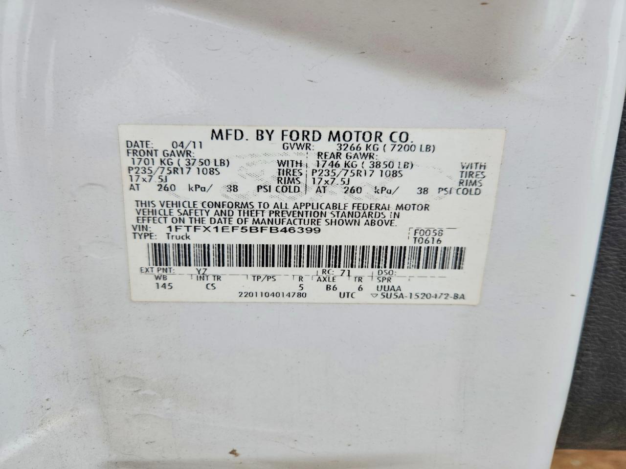 2011 Ford F-150 Белый vin: 1FTFX1EF5BFB46399