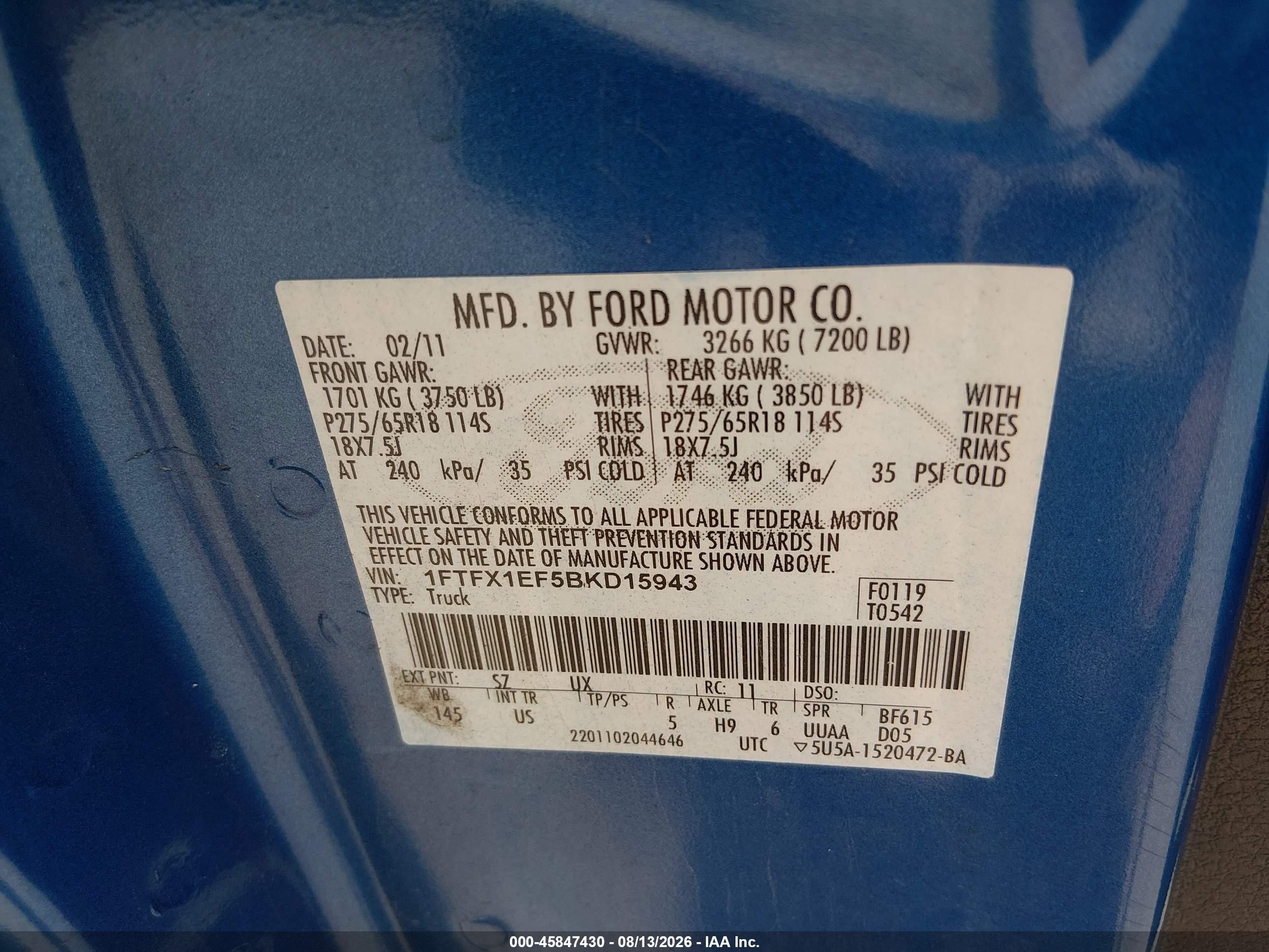 2011 Ford F-150 Xlt Blue vin: 1FTFX1EF5BKD15943