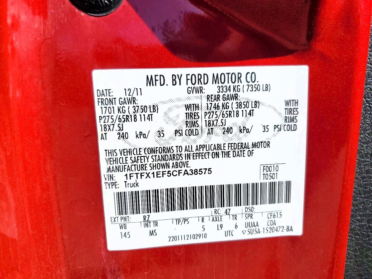 2012 Ford F150 Super Cab Красный vin: 1FTFX1EF5CFA38575