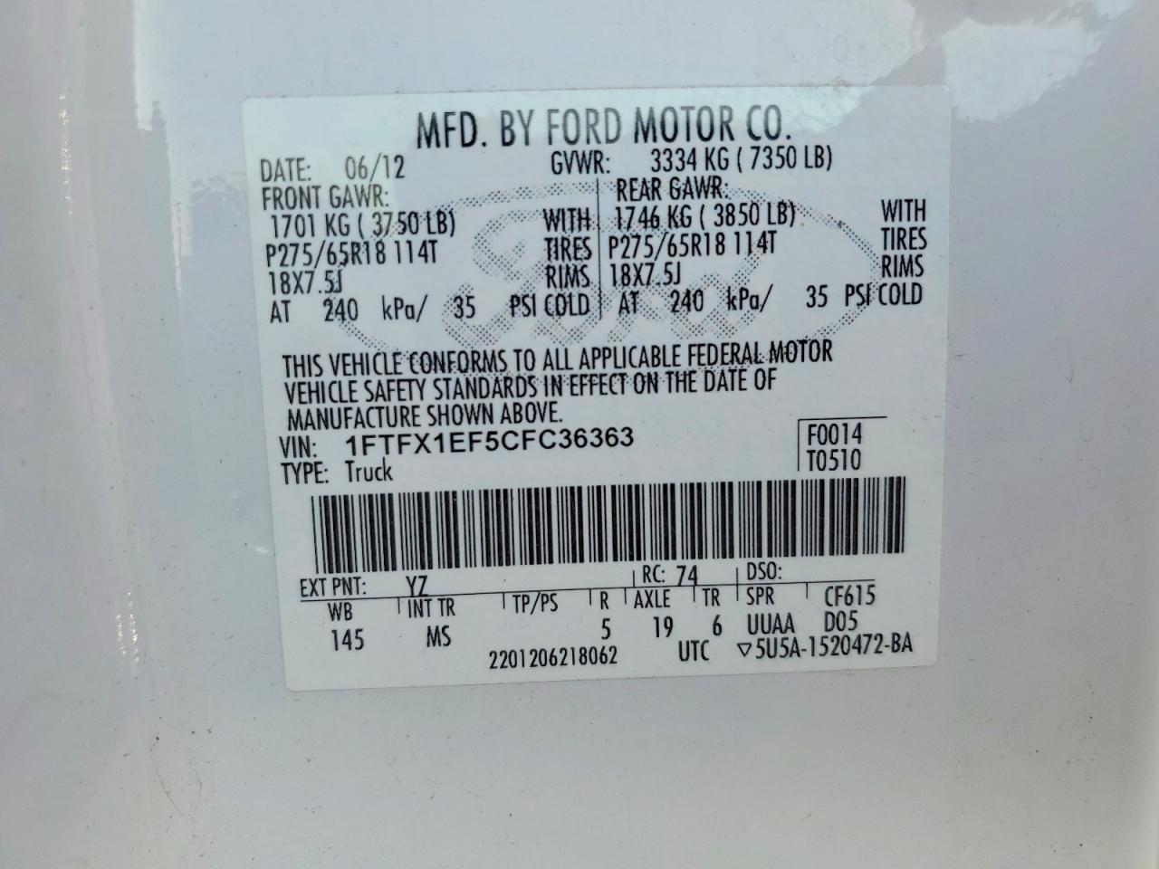 2012 Ford F150 Super Cab White vin: 1FTFX1EF5CFC36363
