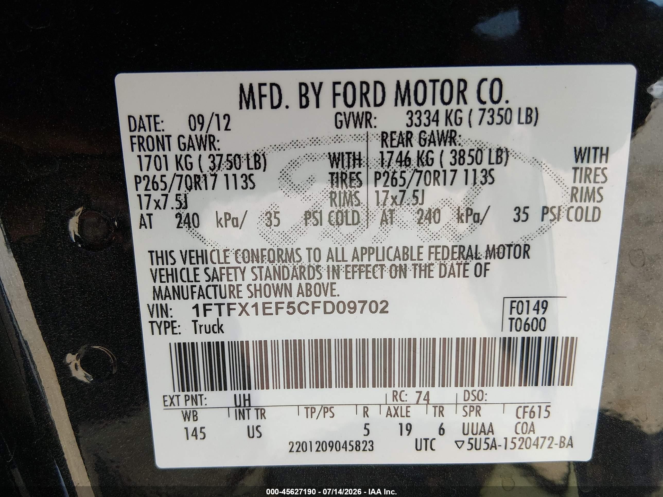 2012 Ford F-150 Xlt Black vin: 1FTFX1EF5CFD09702