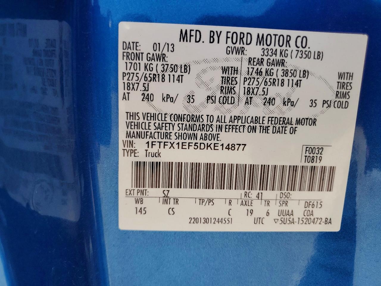 2013 Ford F150 Super Cab Blue vin: 1FTFX1EF5DKE14877