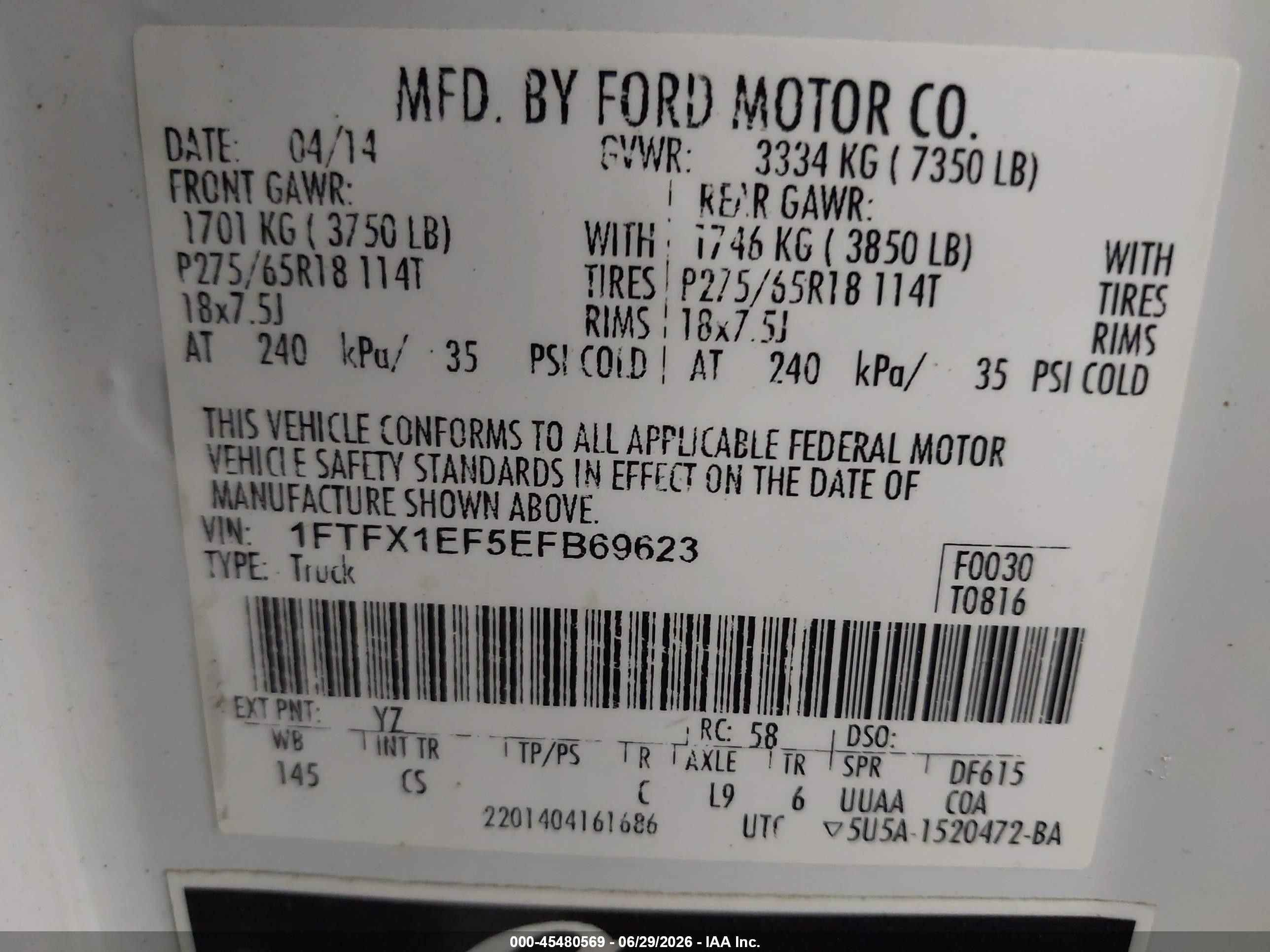 2014 Ford F-150 Fx4/lariat/stx/xl/xlt White vin: 1FTFX1EF5EFB69623