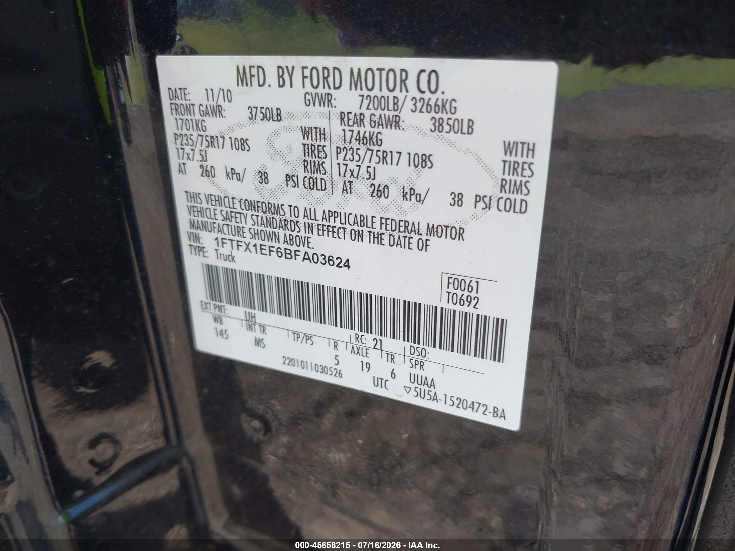 2011 Ford F-150 Xlt Black vin: 1FTFX1EF6BFA03624
