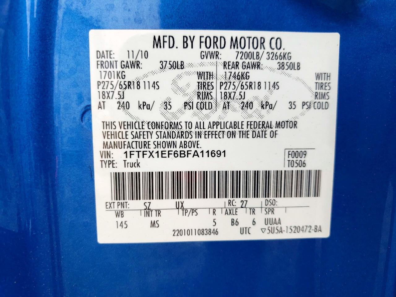 2011 Ford F150 Xlt Blue vin: 1FTFX1EF6BFA11691