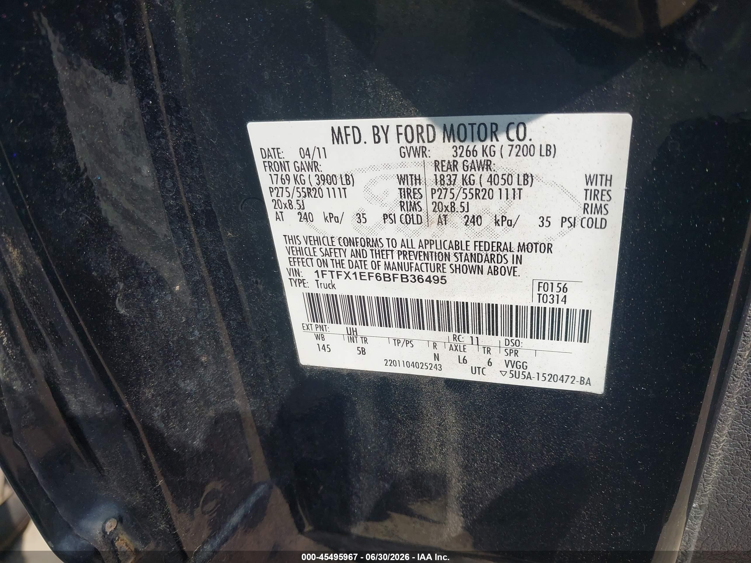 2011 Ford F-150   Black vin: 1FTFX1EF6BFB36495