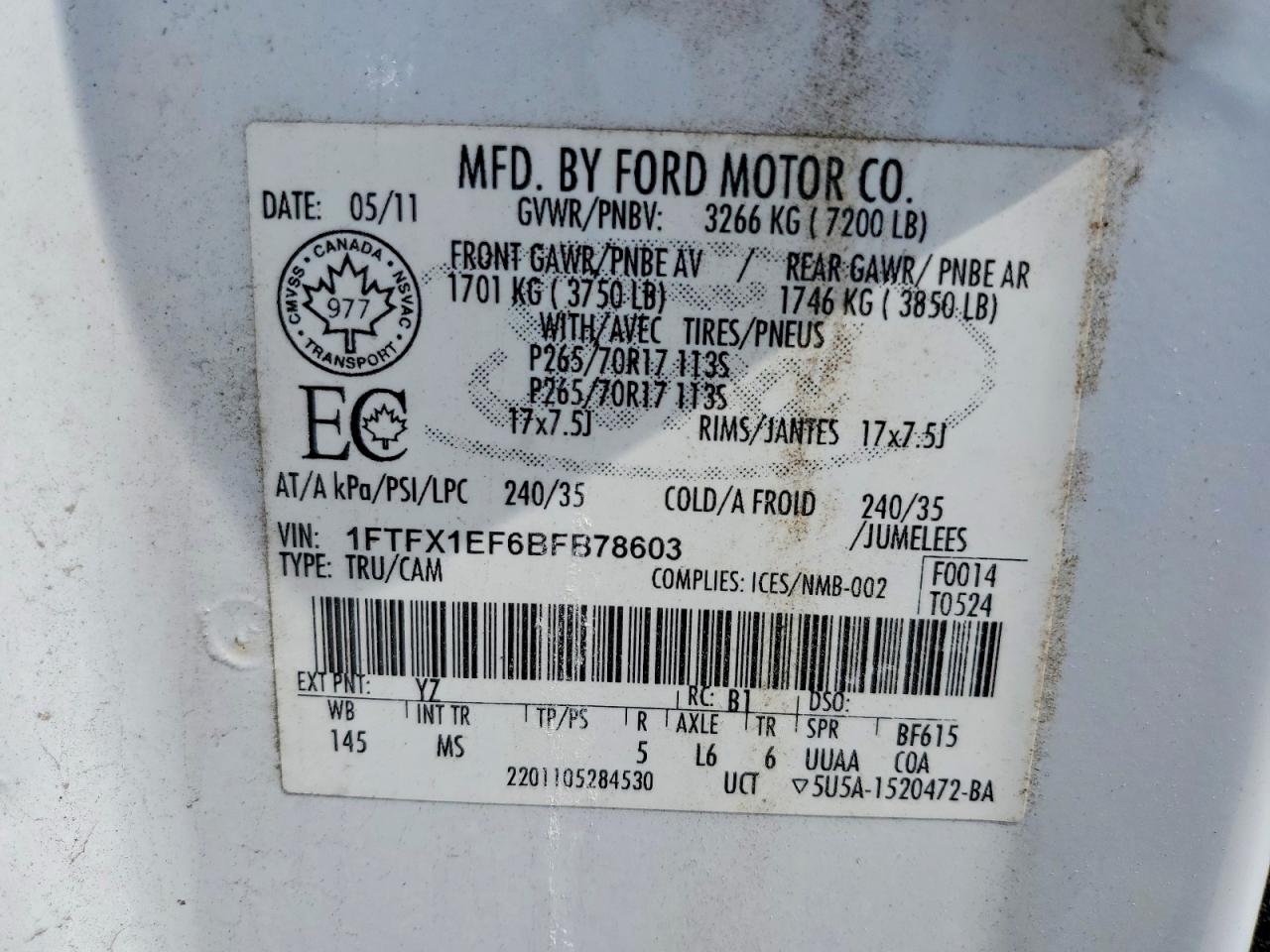 2011 Ford F150 Super Cab White vin: 1FTFX1EF6BFB78603