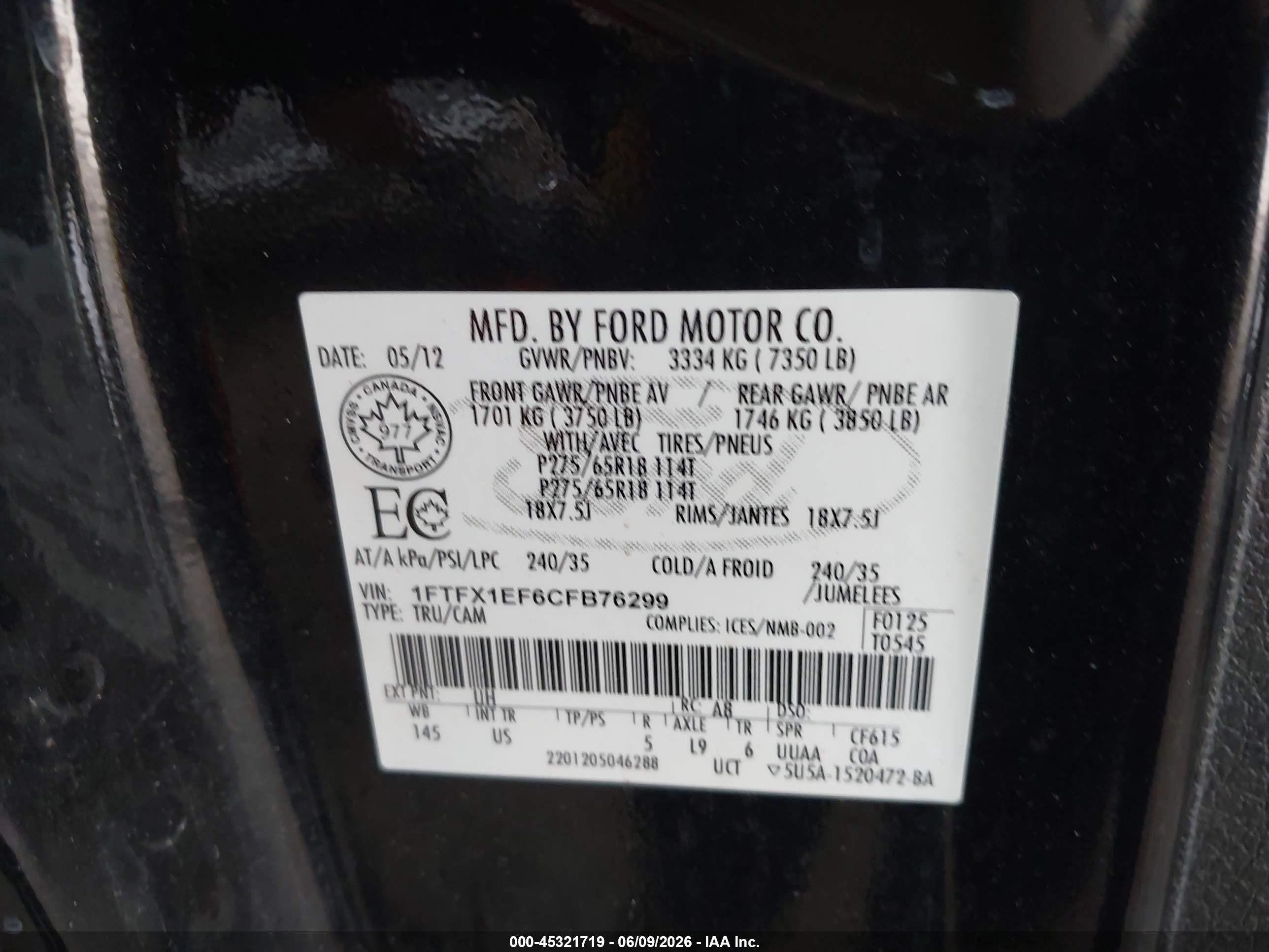 2012 Ford F-150 Xlt Black vin: 1FTFX1EF6CFB76299