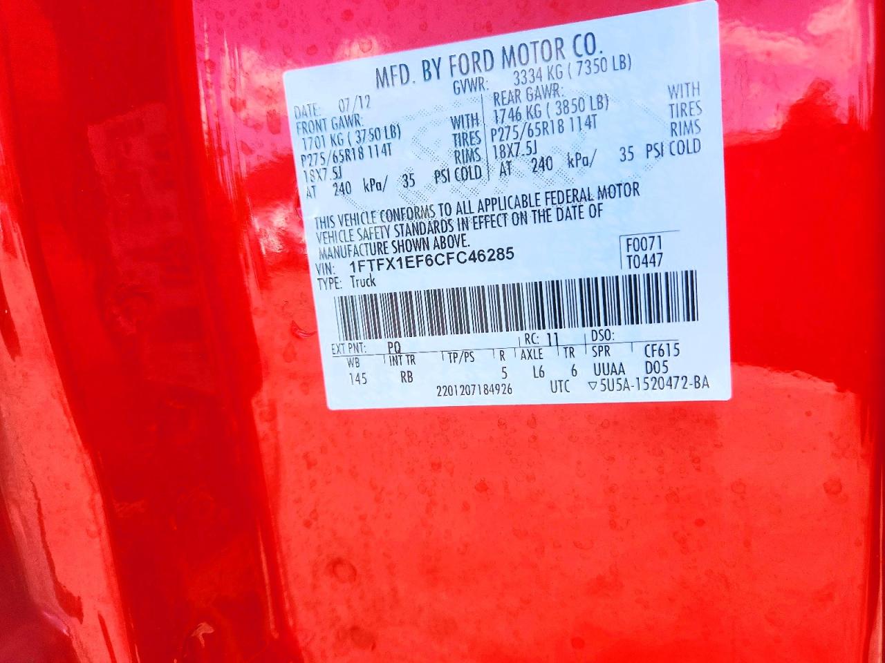 2012 Ford F150 Super Cab Red vin: 1FTFX1EF6CFC46285