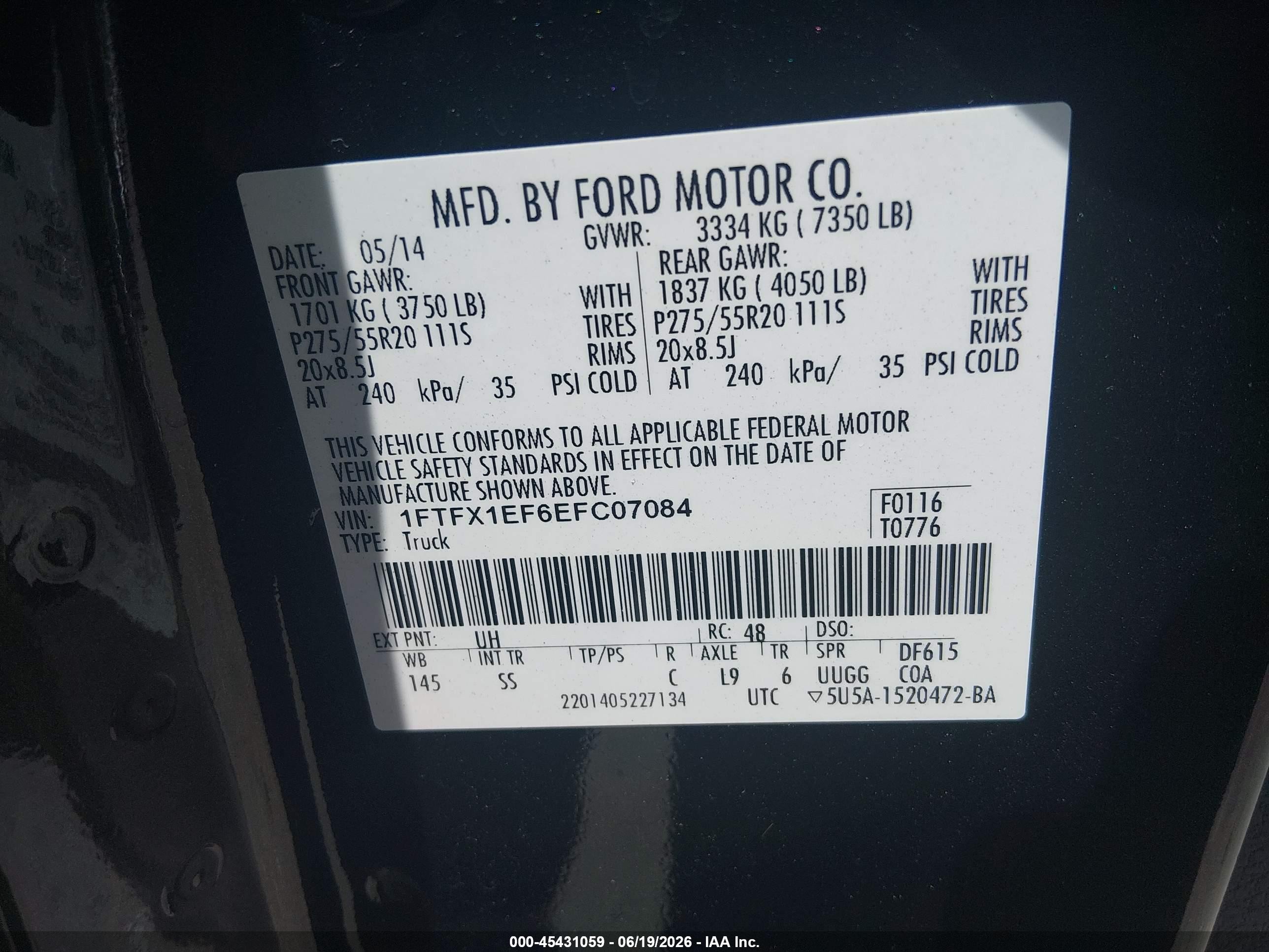 2014 Ford F-150 Fx4/lariat/stx/xl/xlt Black vin: 1FTFX1EF6EFC07084