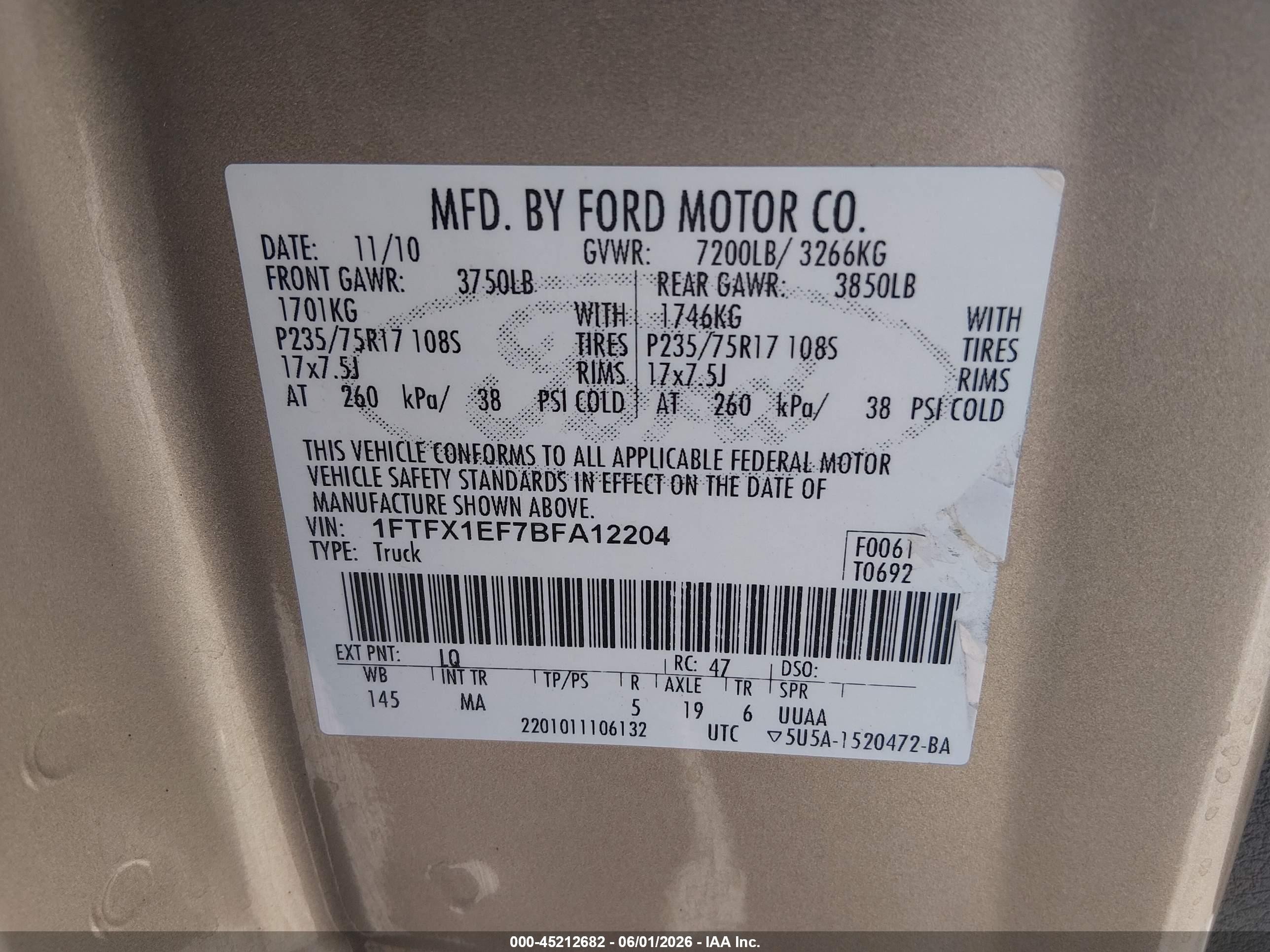 2011 Ford F-150 Xlt Золотой vin: 1FTFX1EF7BFA12204