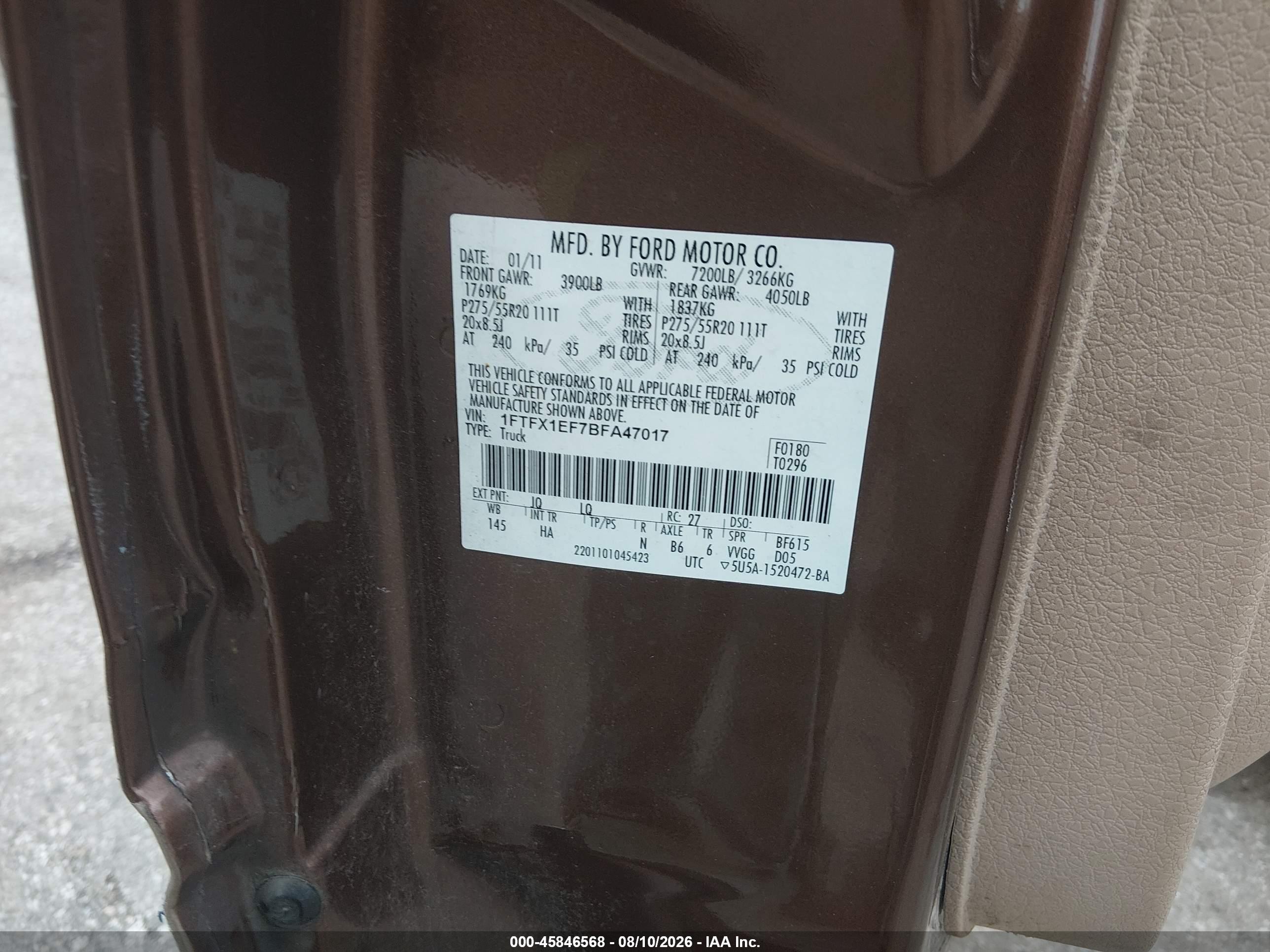 2011 Ford F-150 Lariat Brown vin: 1FTFX1EF7BFA47017