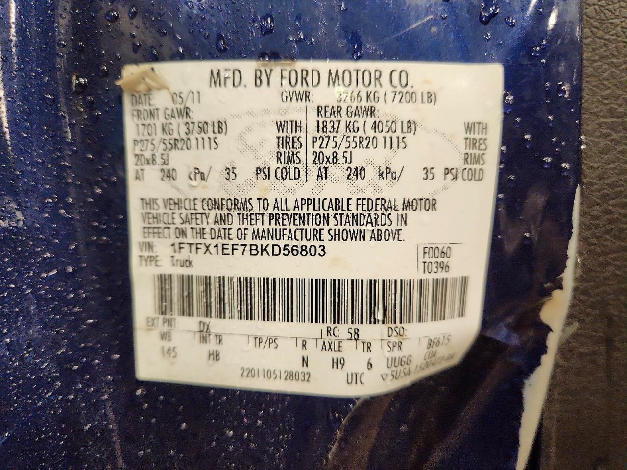 2011 Ford F150 Super Cab Blue vin: 1FTFX1EF7BKD56803