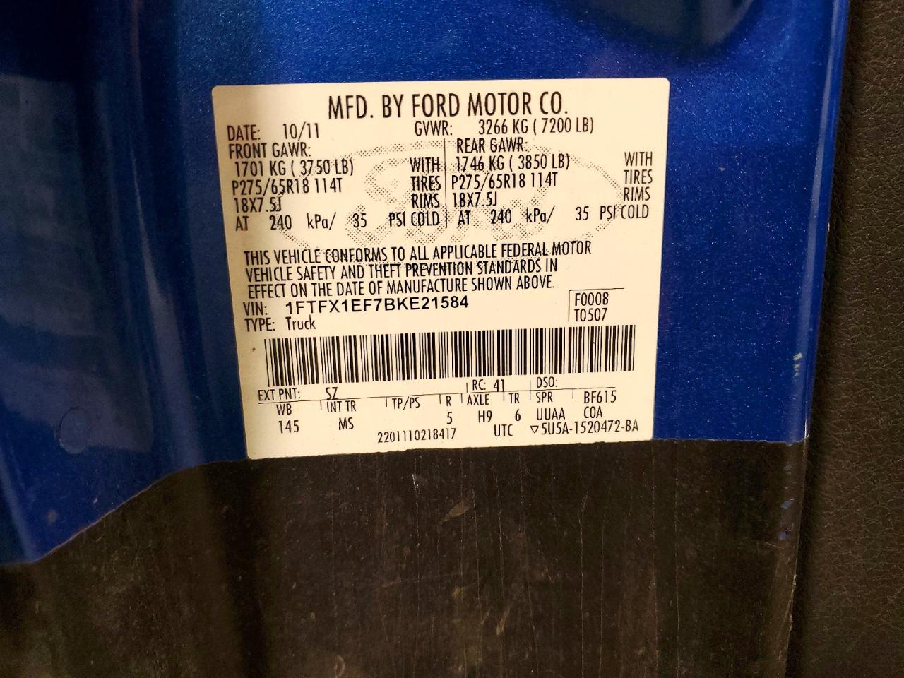 2011 Ford F150 Super Cab Blue vin: 1FTFX1EF7BKE21584