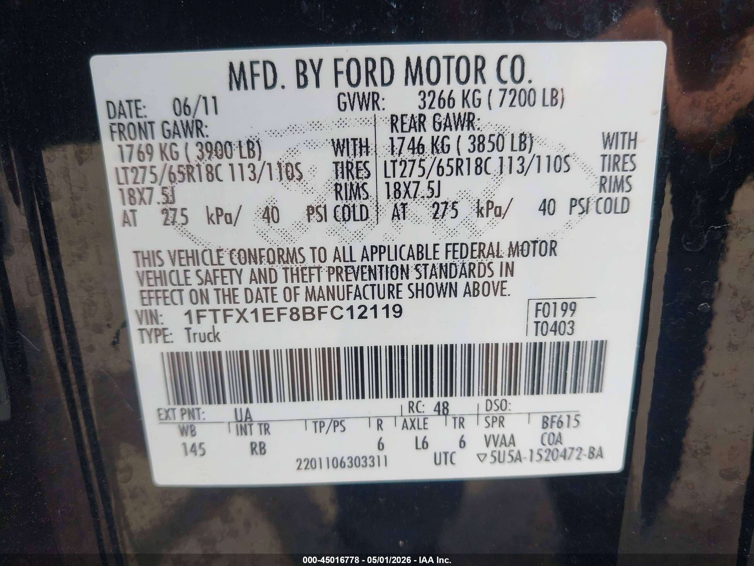 2011 Ford F-150 Fx4 Black vin: 1FTFX1EF8BFC12119