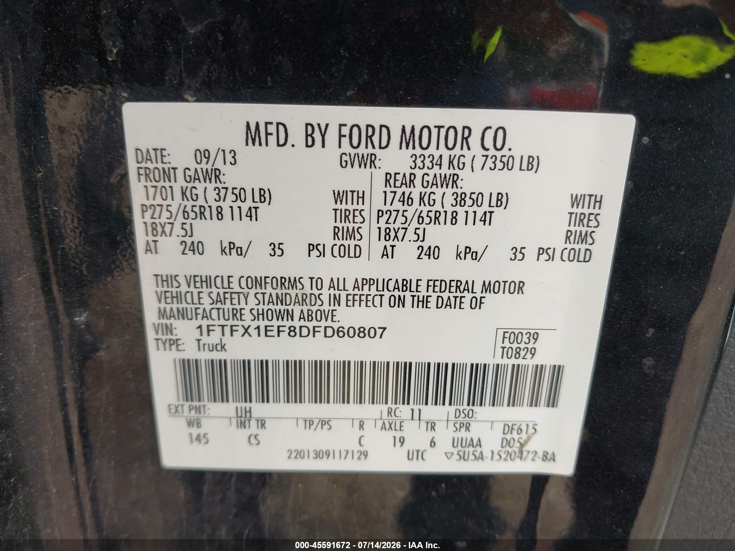 2013 Ford F-150 Fx4/lariat/stx/xl/xlt Black vin: 1FTFX1EF8DFD60807