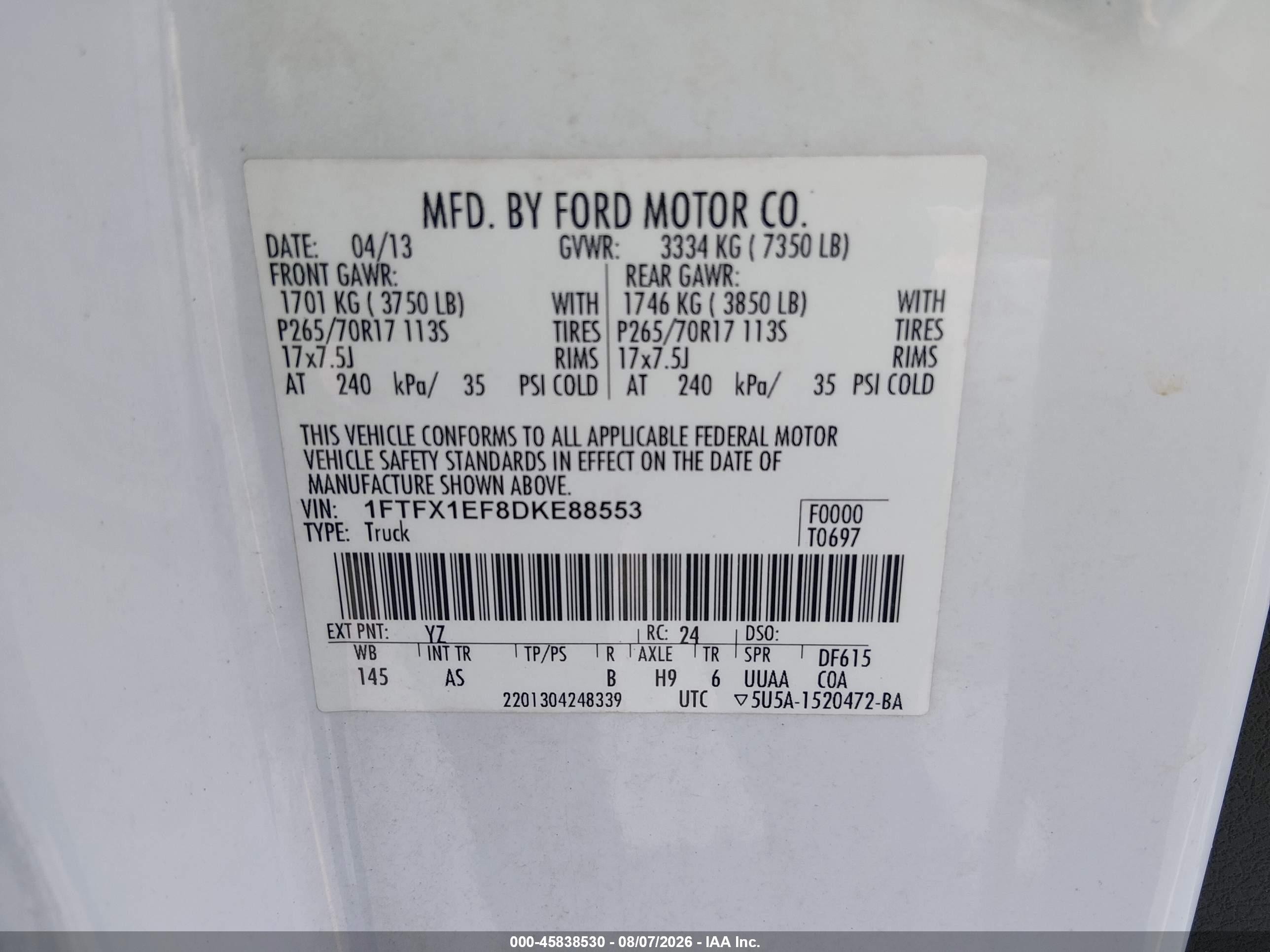 2013 Ford F-150 Xl White vin: 1FTFX1EF8DKE88553