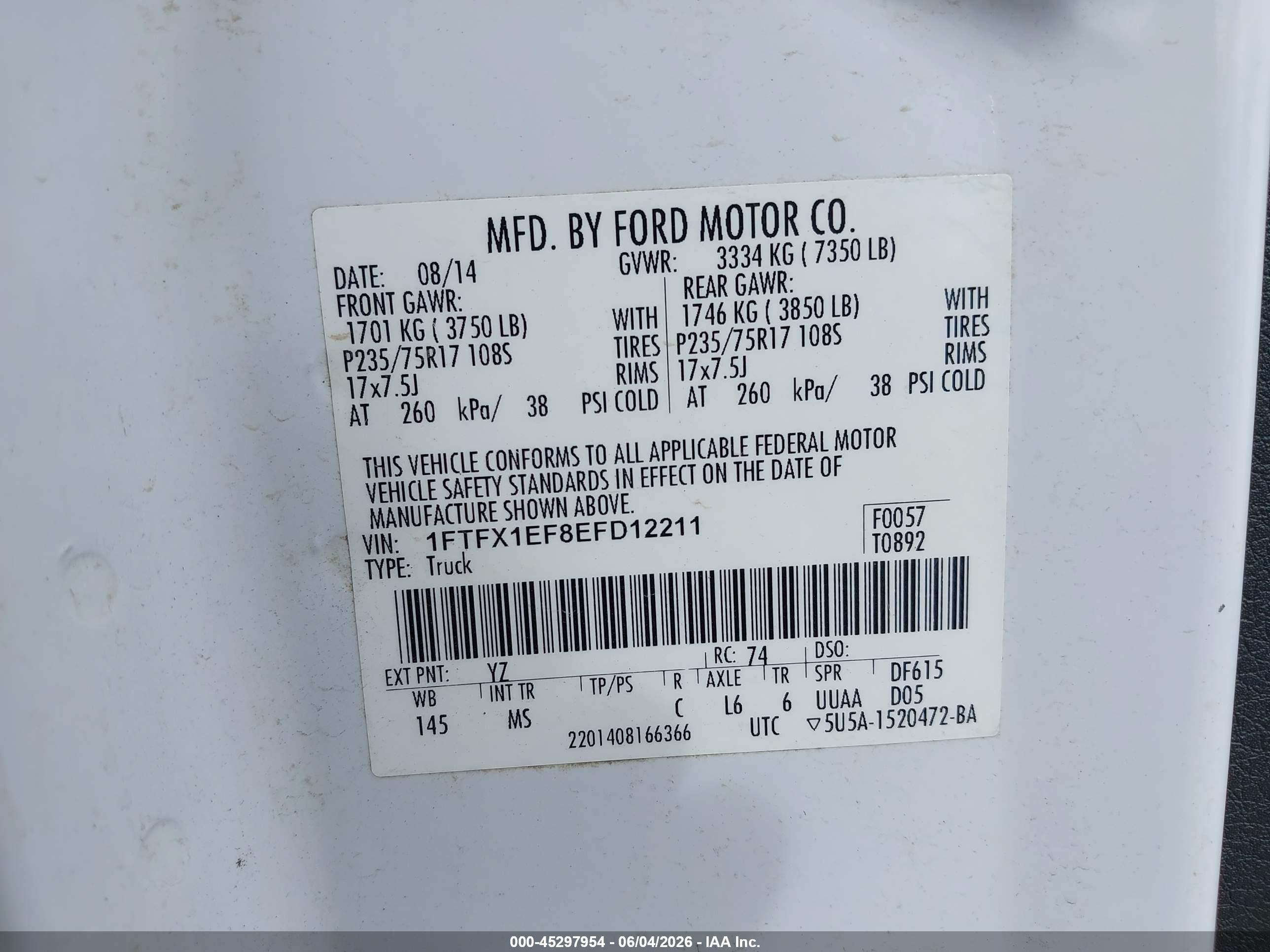 2014 Ford F-150 Xlt White vin: 1FTFX1EF8EFD12211