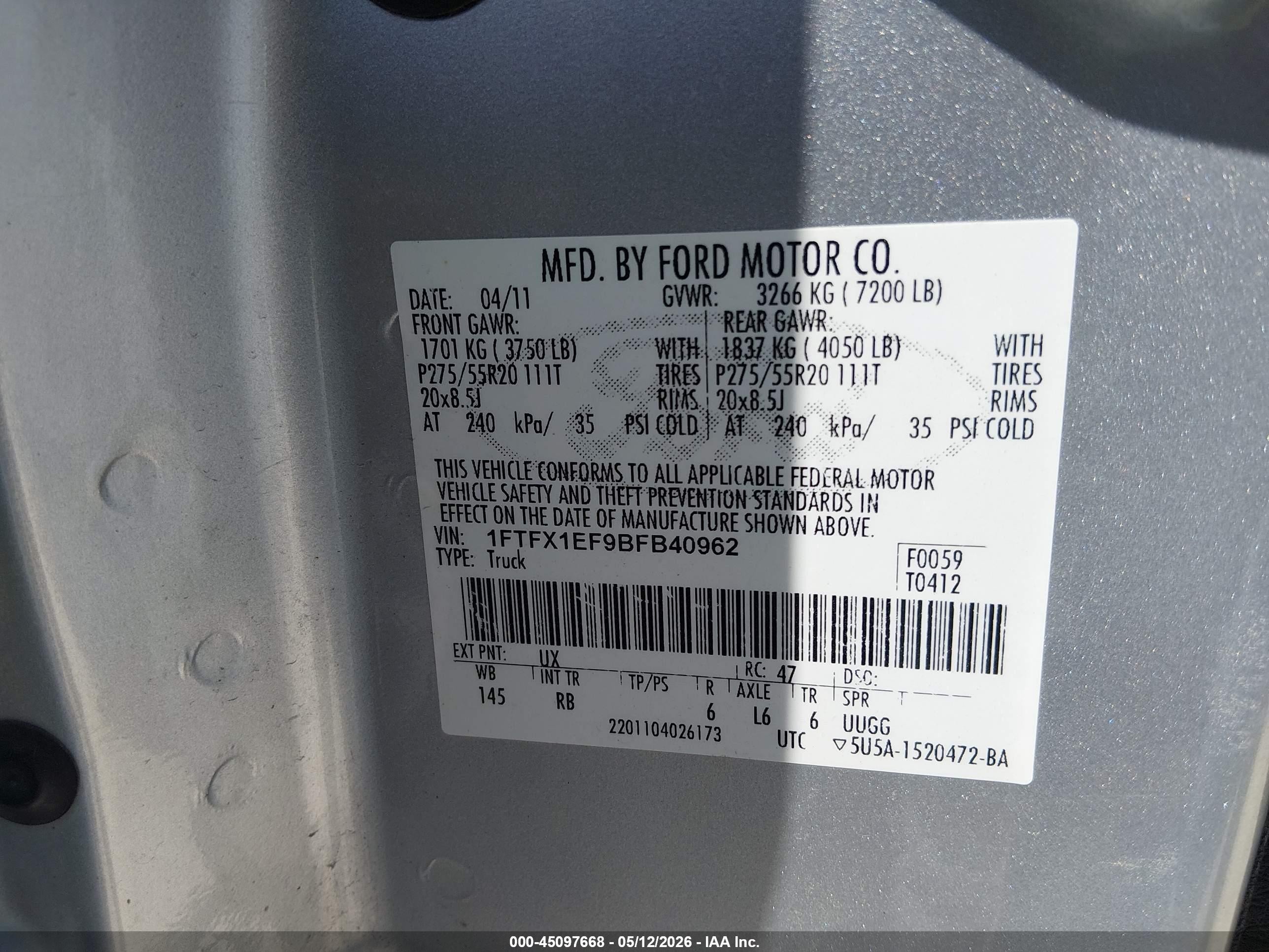 2011 Ford F-150 Fx4 Gray vin: 1FTFX1EF9BFB40962