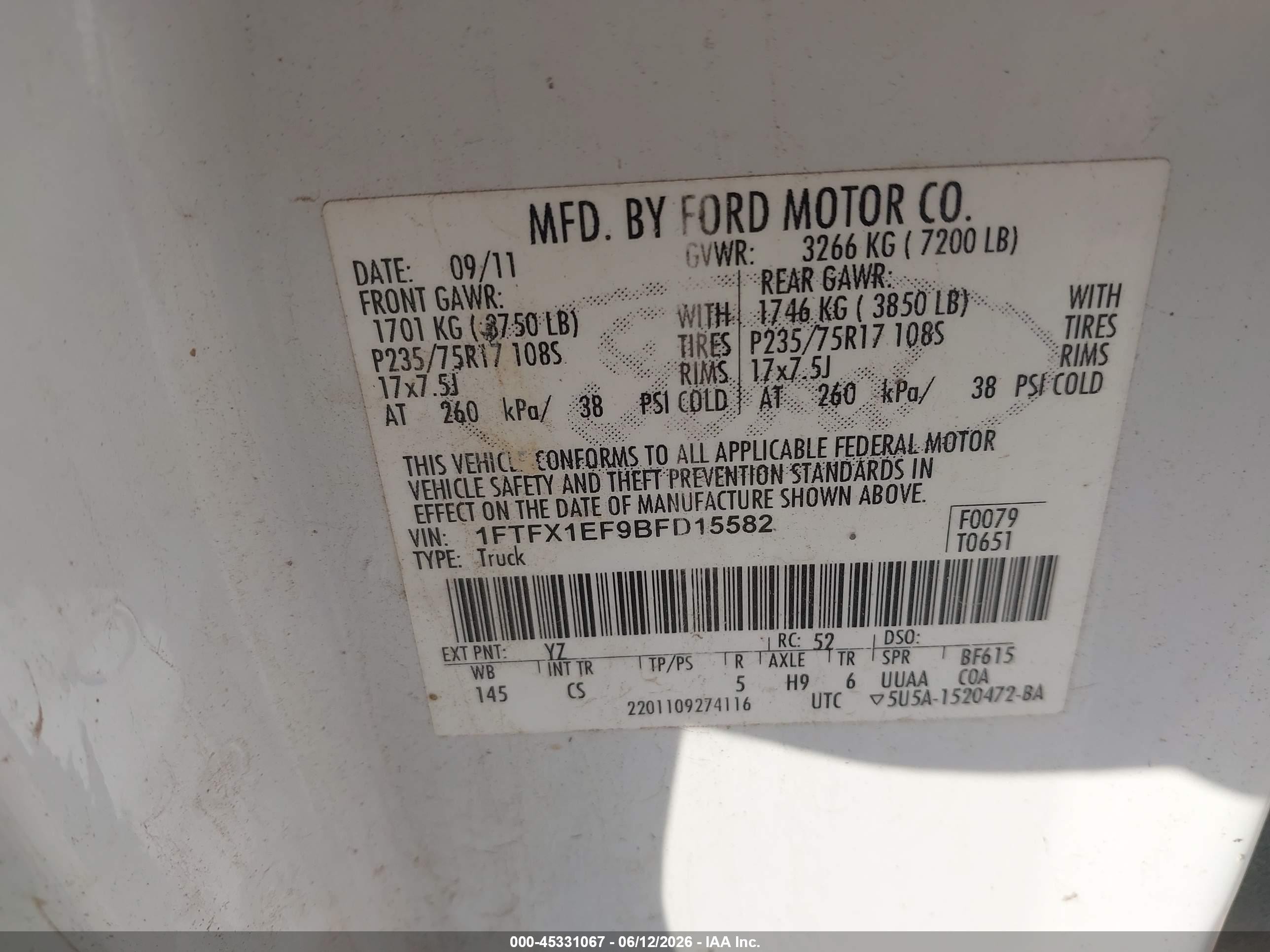 2011 Ford F-150 Xl White vin: 1FTFX1EF9BFD15582