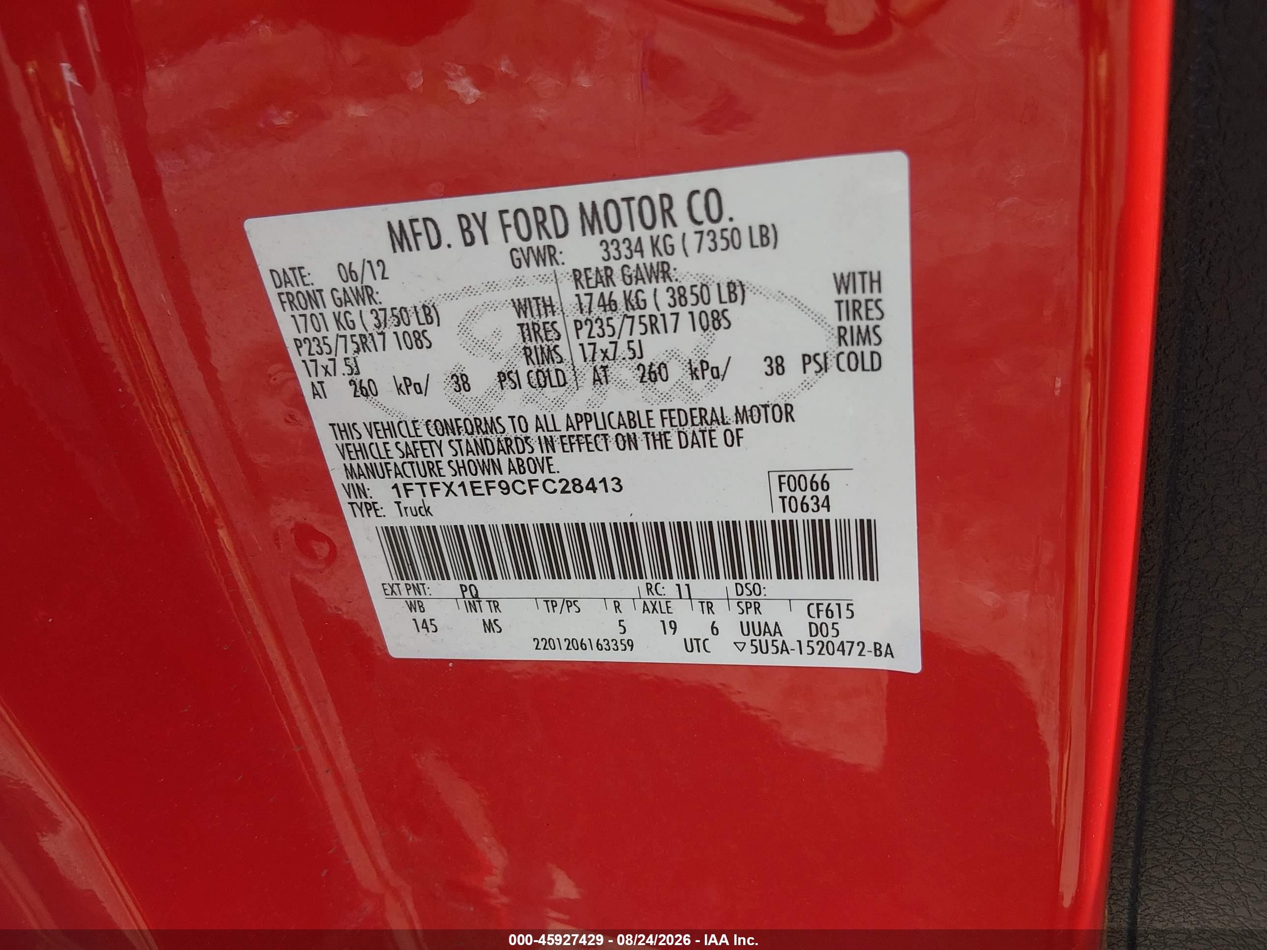 2012 Ford F-150 Xlt Red vin: 1FTFX1EF9CFC28413