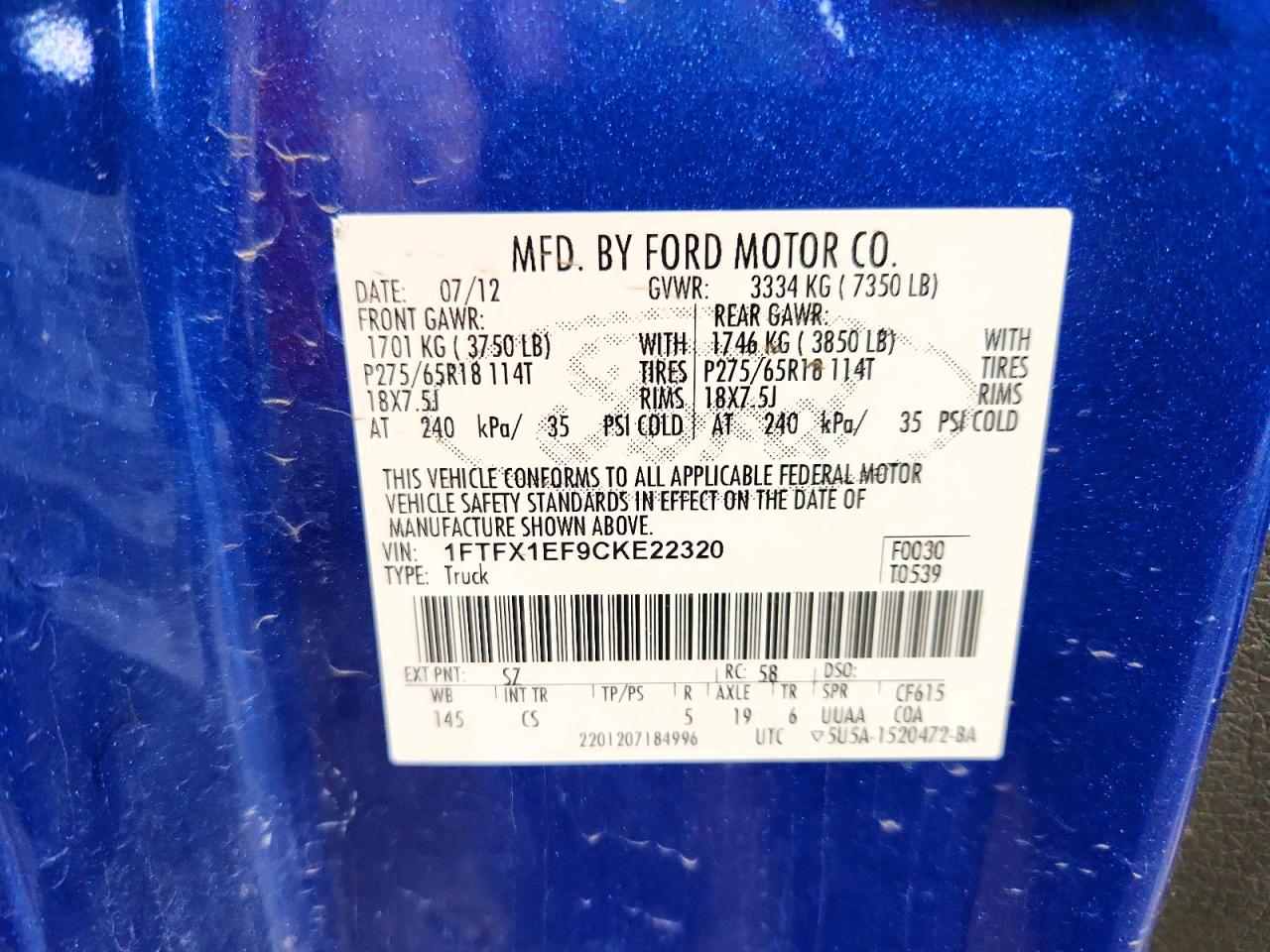 2012 Ford F150 Super Cab Blue vin: 1FTFX1EF9CKE22320
