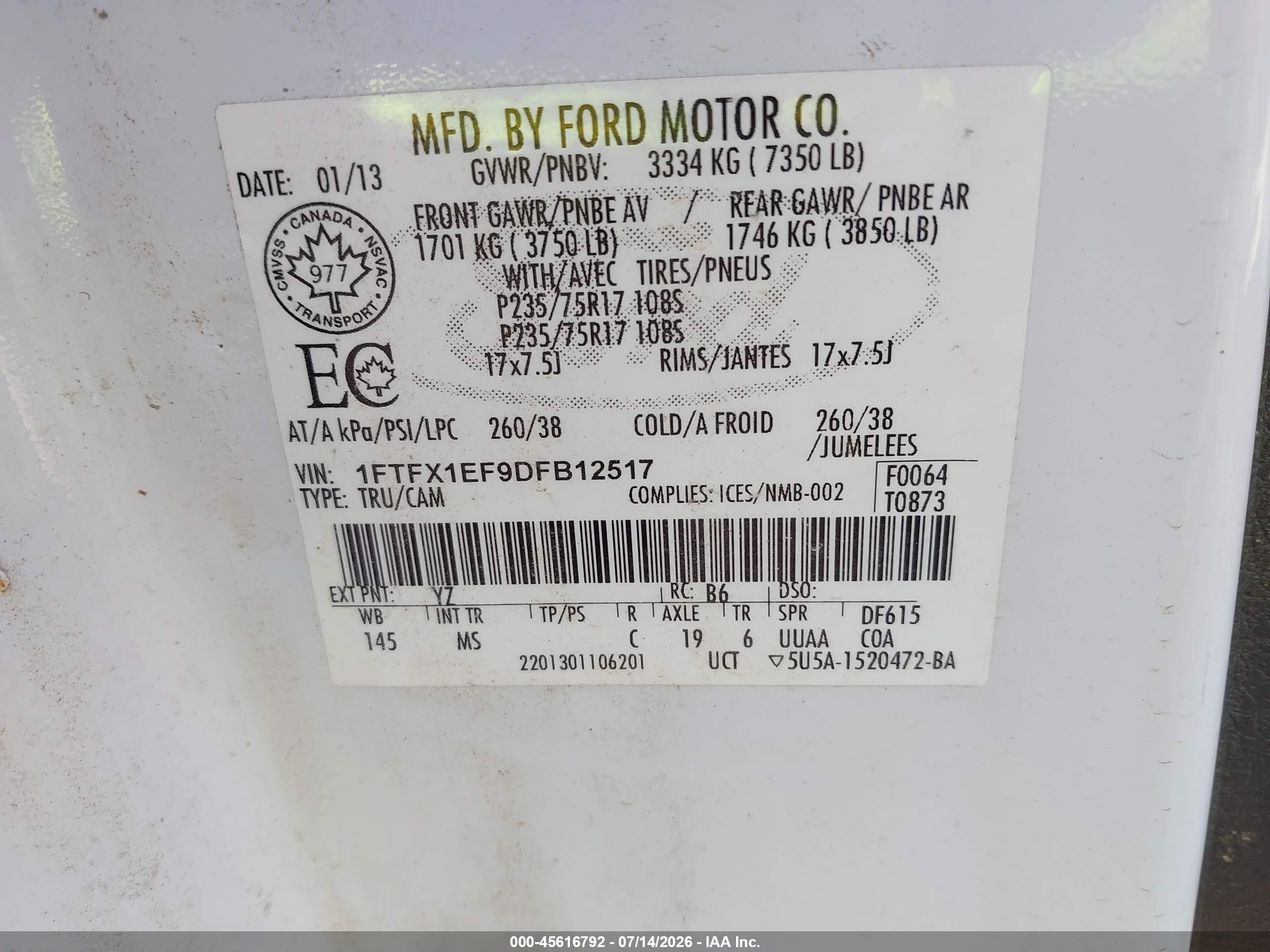 2013 Ford F-150 Xlt White vin: 1FTFX1EF9DFB12517