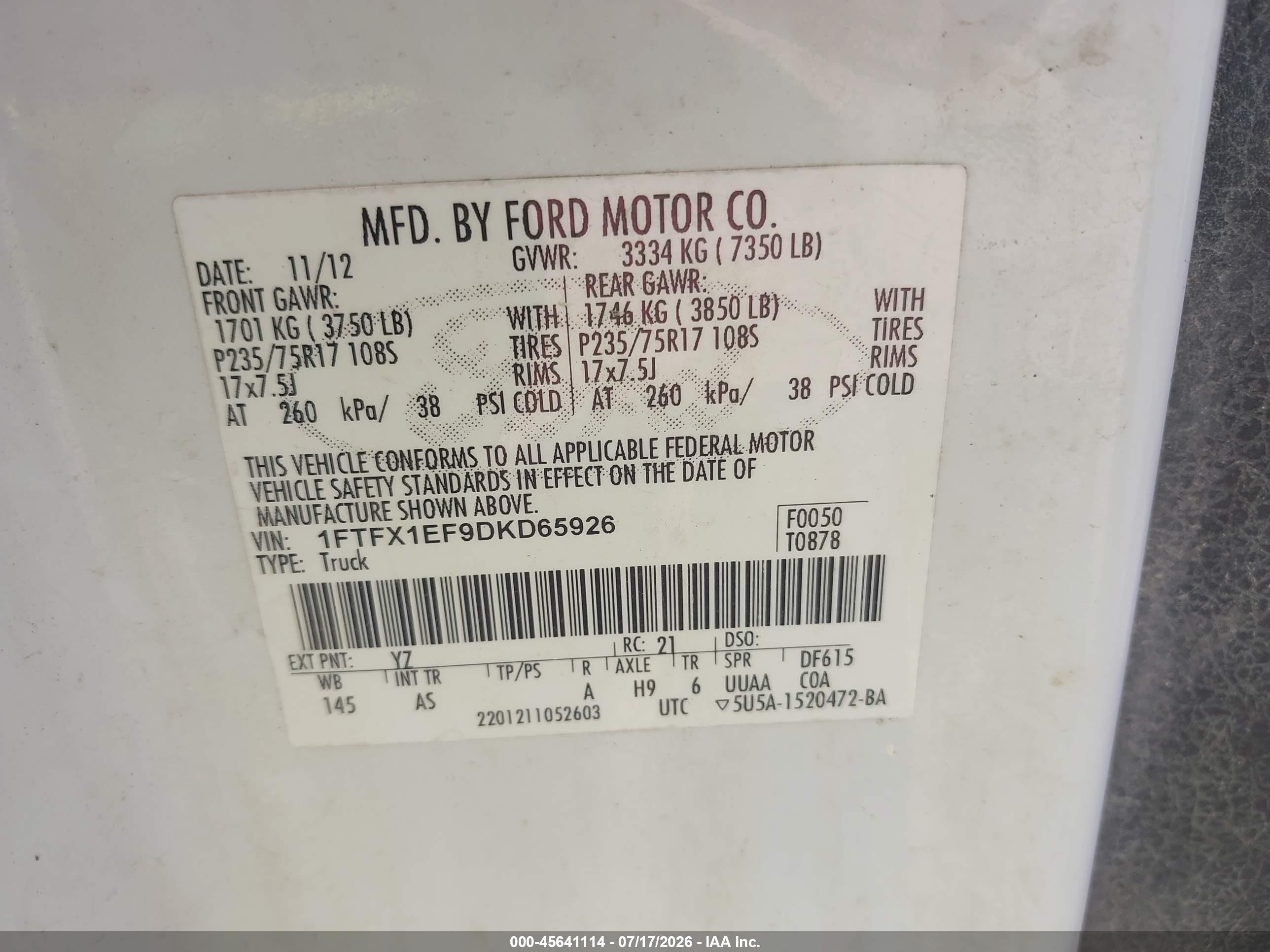 2013 Ford F-150 Xl Белый vin: 1FTFX1EF9DKD65926