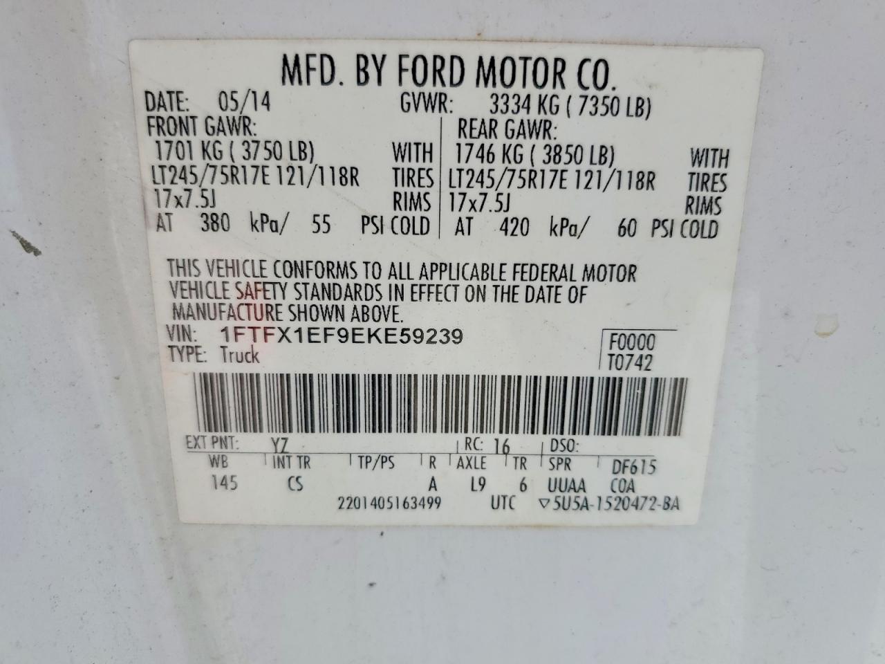 2014 Ford F150 Super Cab White vin: 1FTFX1EF9EKE59239