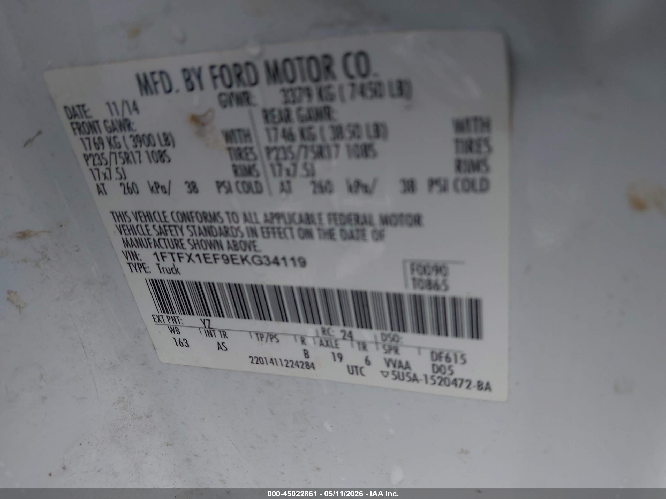 2014 Ford F-150 Xl White vin: 1FTFX1EF9EKG34119