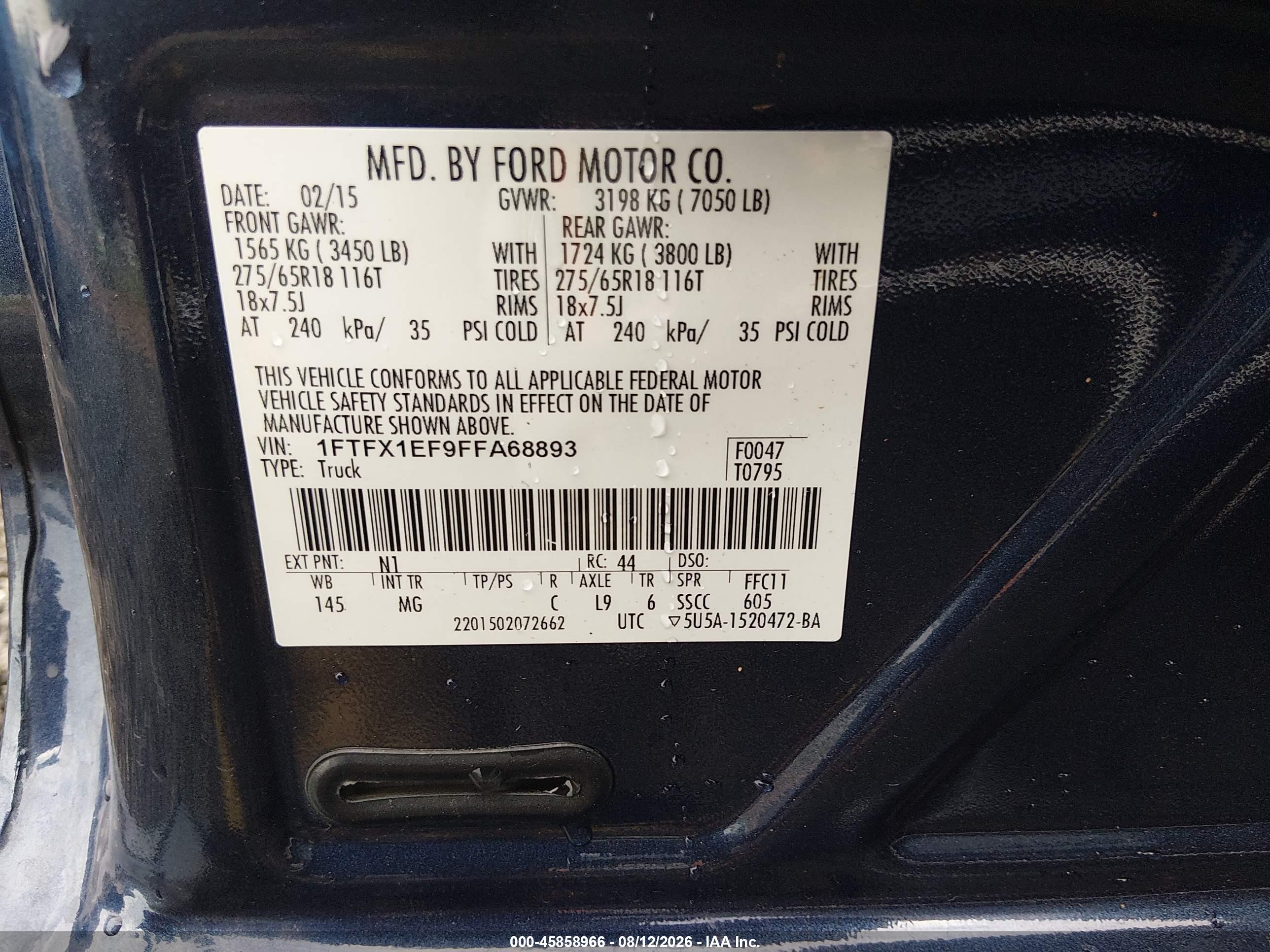 2015 Ford F-150 Xlt Blue vin: 1FTFX1EF9FFA68893