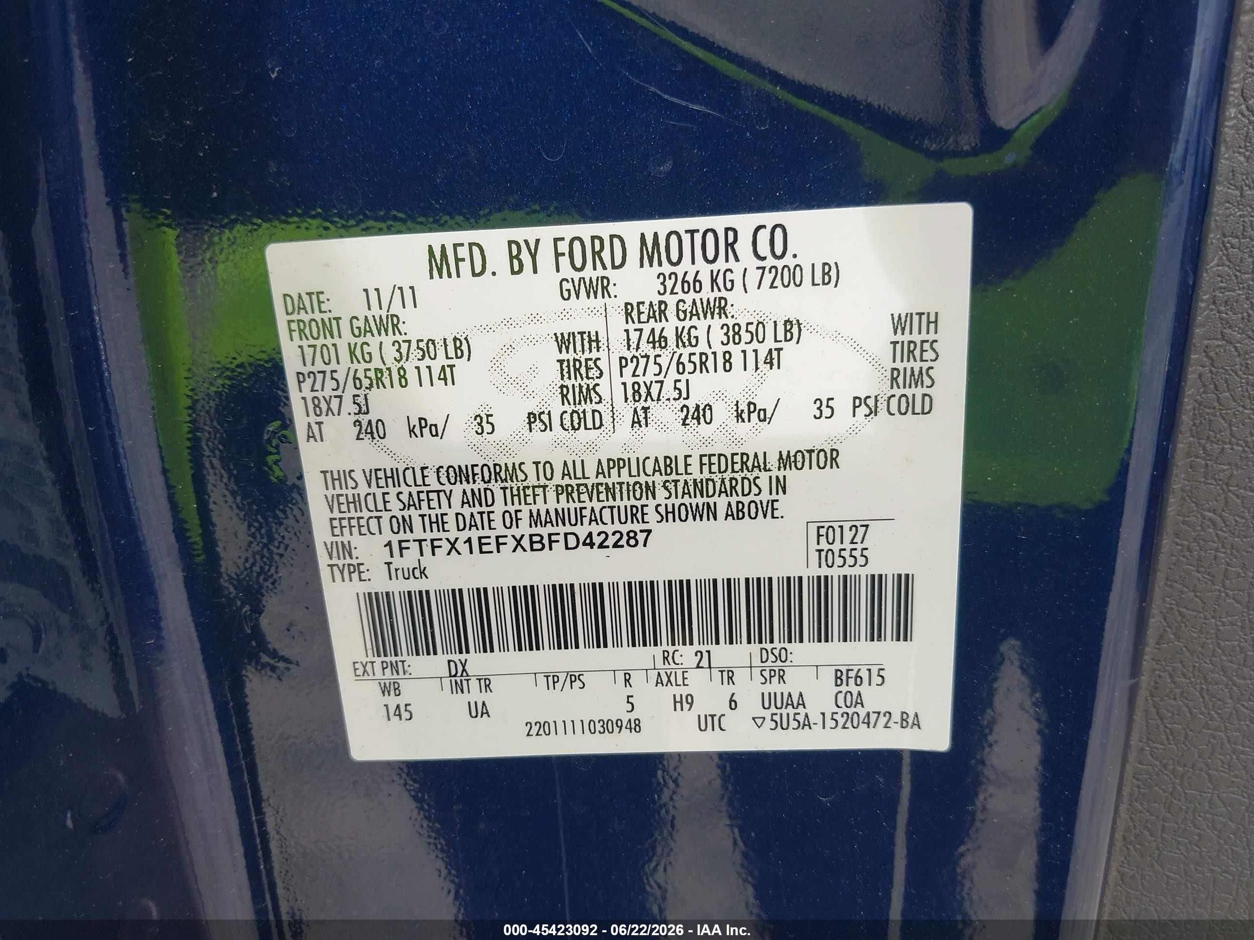 2011 Ford F-150 Fx4/lariat/stx/xl/xlt Синий vin: 1FTFX1EFXBFD42287