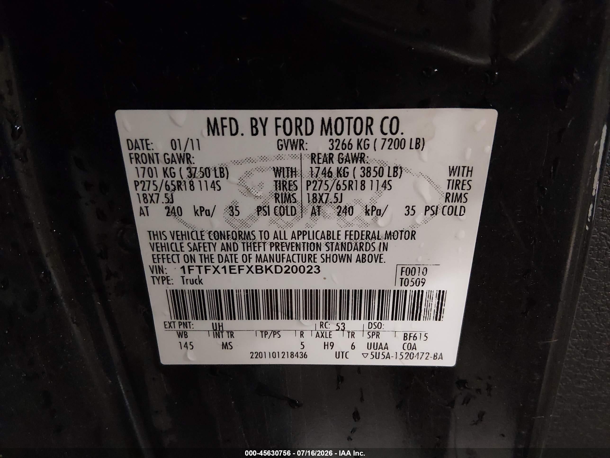 2011 Ford F-150 Xlt Black vin: 1FTFX1EFXBKD20023